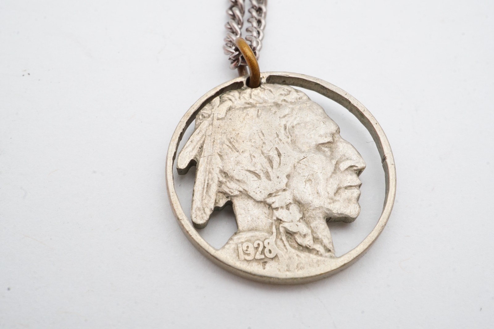 Vintage Necklace Silver Tone Carved Buffalo Nickel 24″