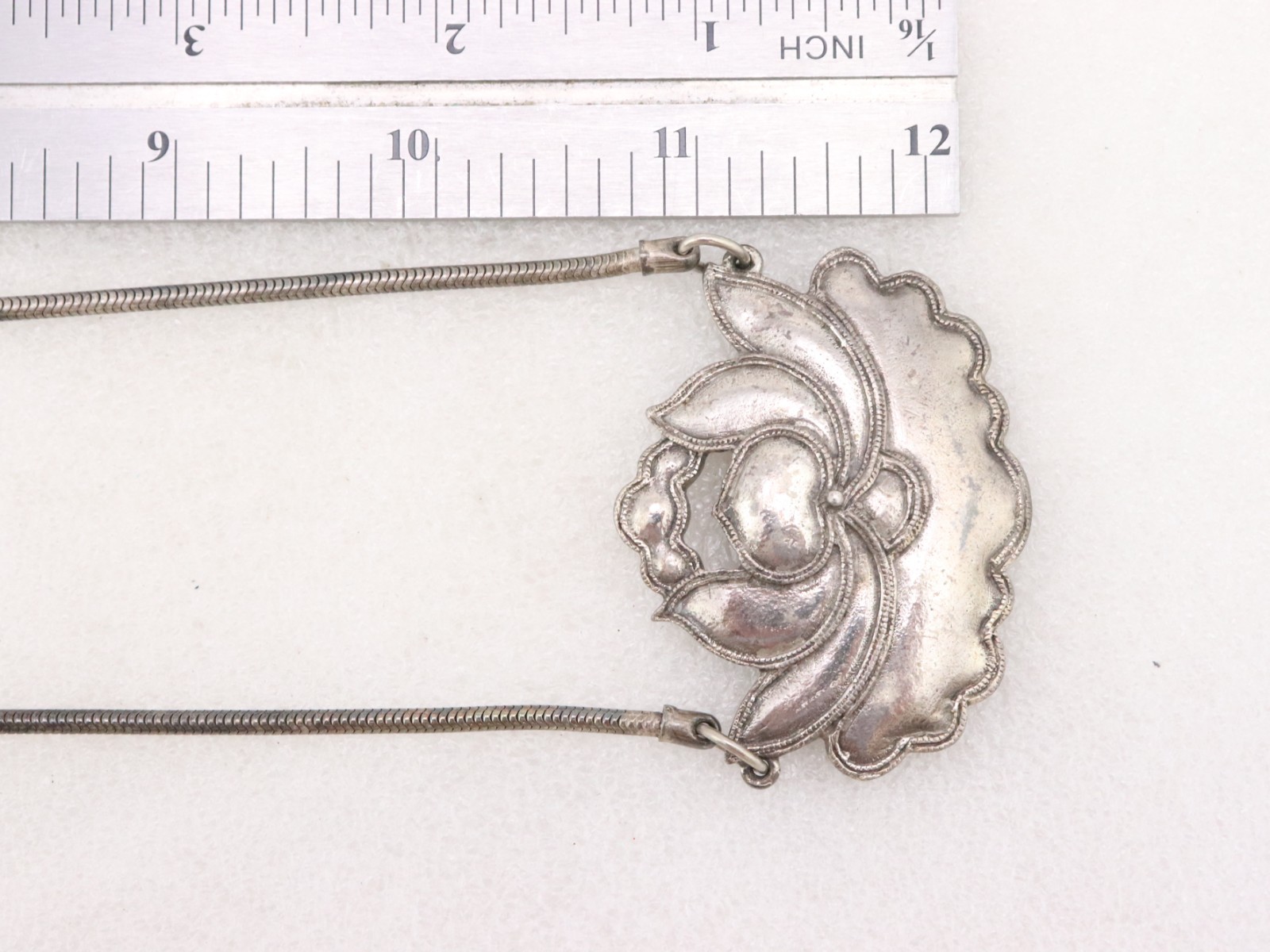 20″ Vintage Alva Museum Replicas Lotus Flower Necklace Antique Silver Tone