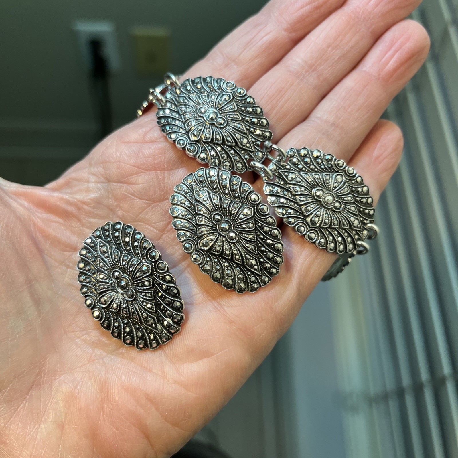 Vintage marcasite earrings and Bracelet Lightweight Made In Germany Lovely