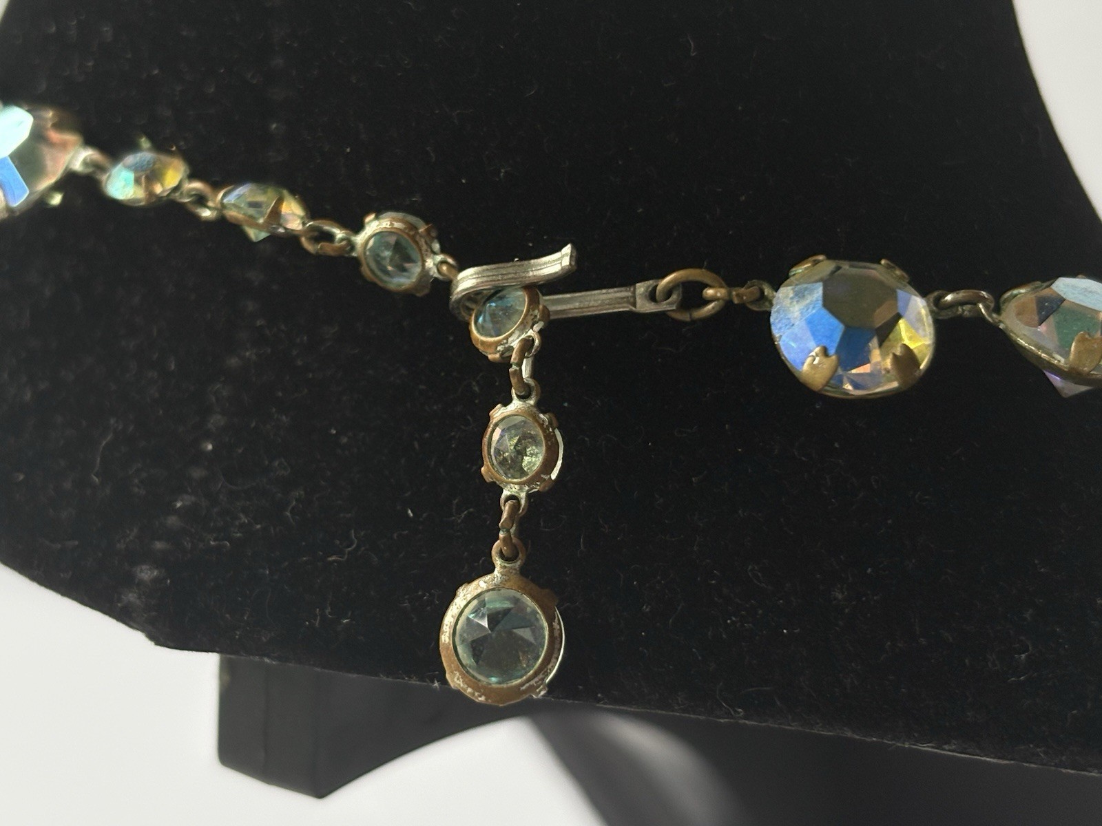 Antique Art Deco Clear Aurora Borealis Crystal Prong Set 15 1/2 inch Necklace