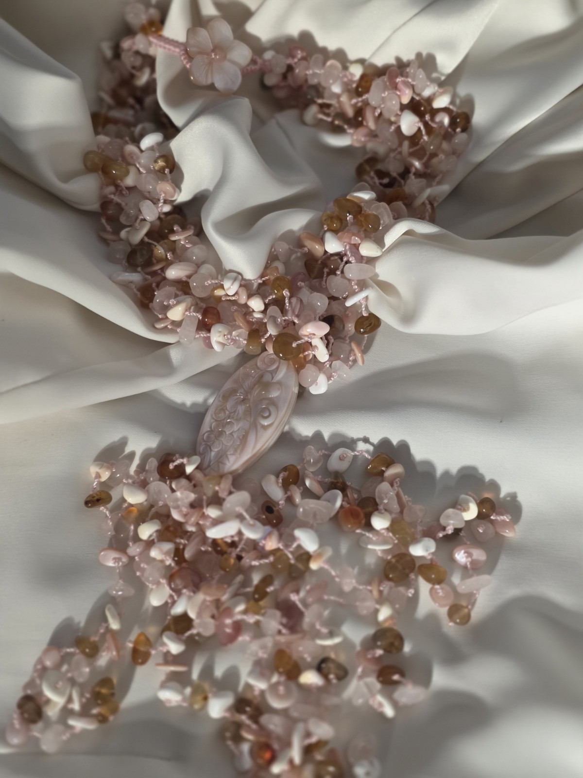 Sajen Multi Strand Gemstone Whimsical Statement Necklace Shell Rose Quartz