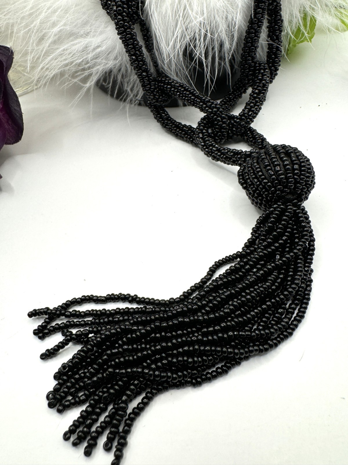 Designer Black Micro-Beaded Statement Necklace Multi-Looped Rare High End