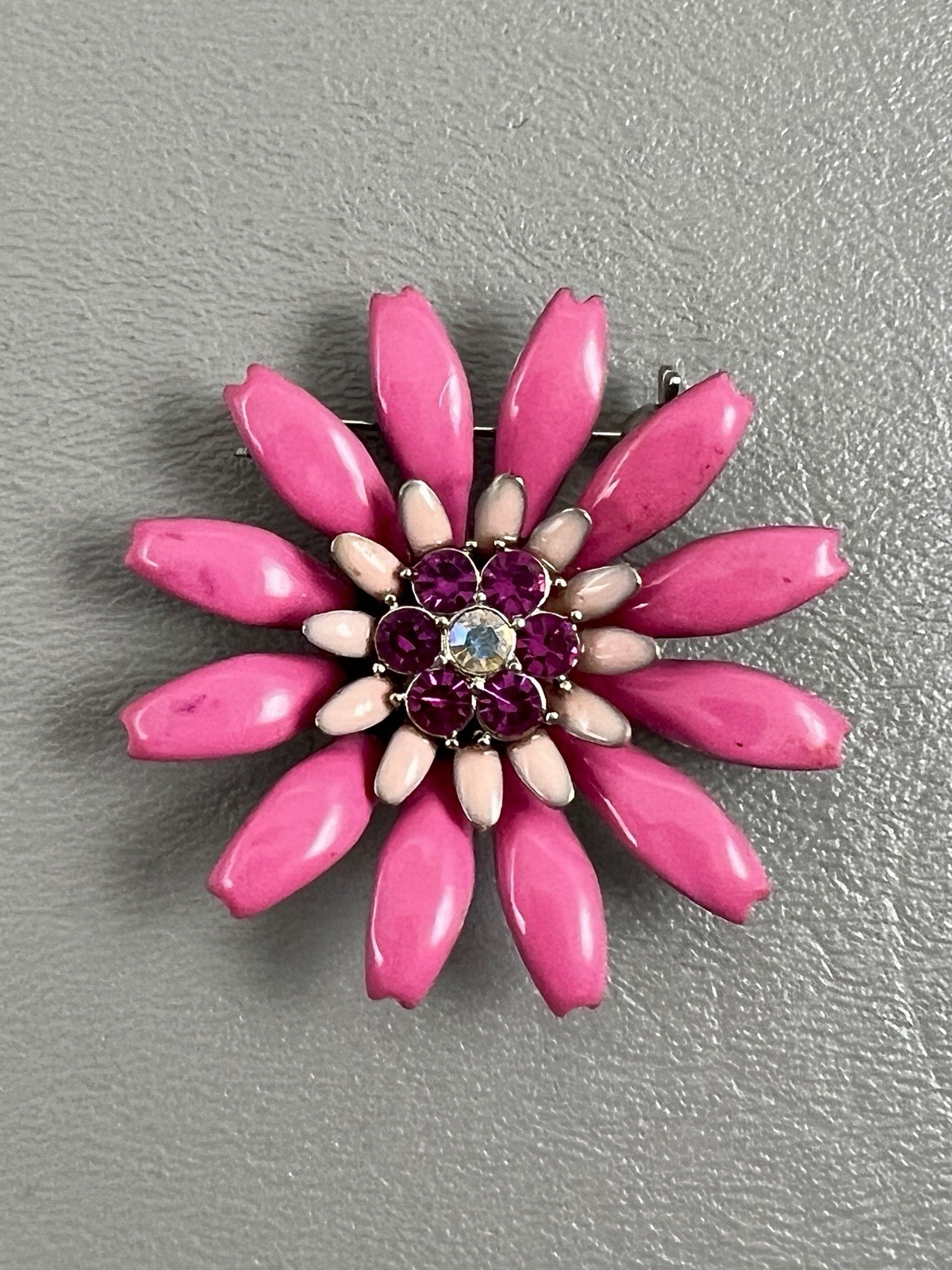 Vintage Pink Enamel Flower Brooch Rhinestone Daisy Floral Statement Pin Retro