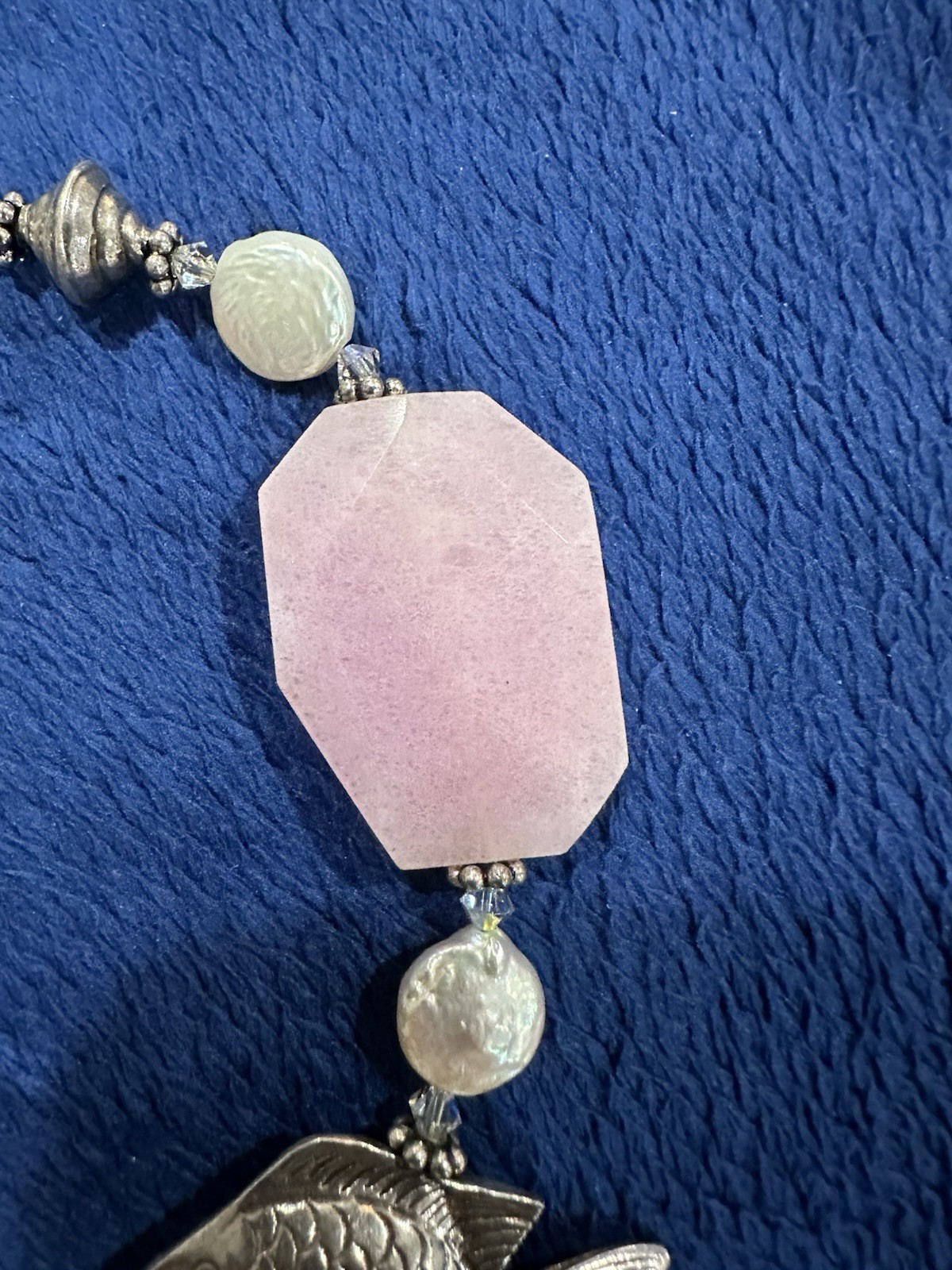 Sterling Silver 925 Rose Quartz MOP Starfish Fish Chunky Necklace, 17.5in Long