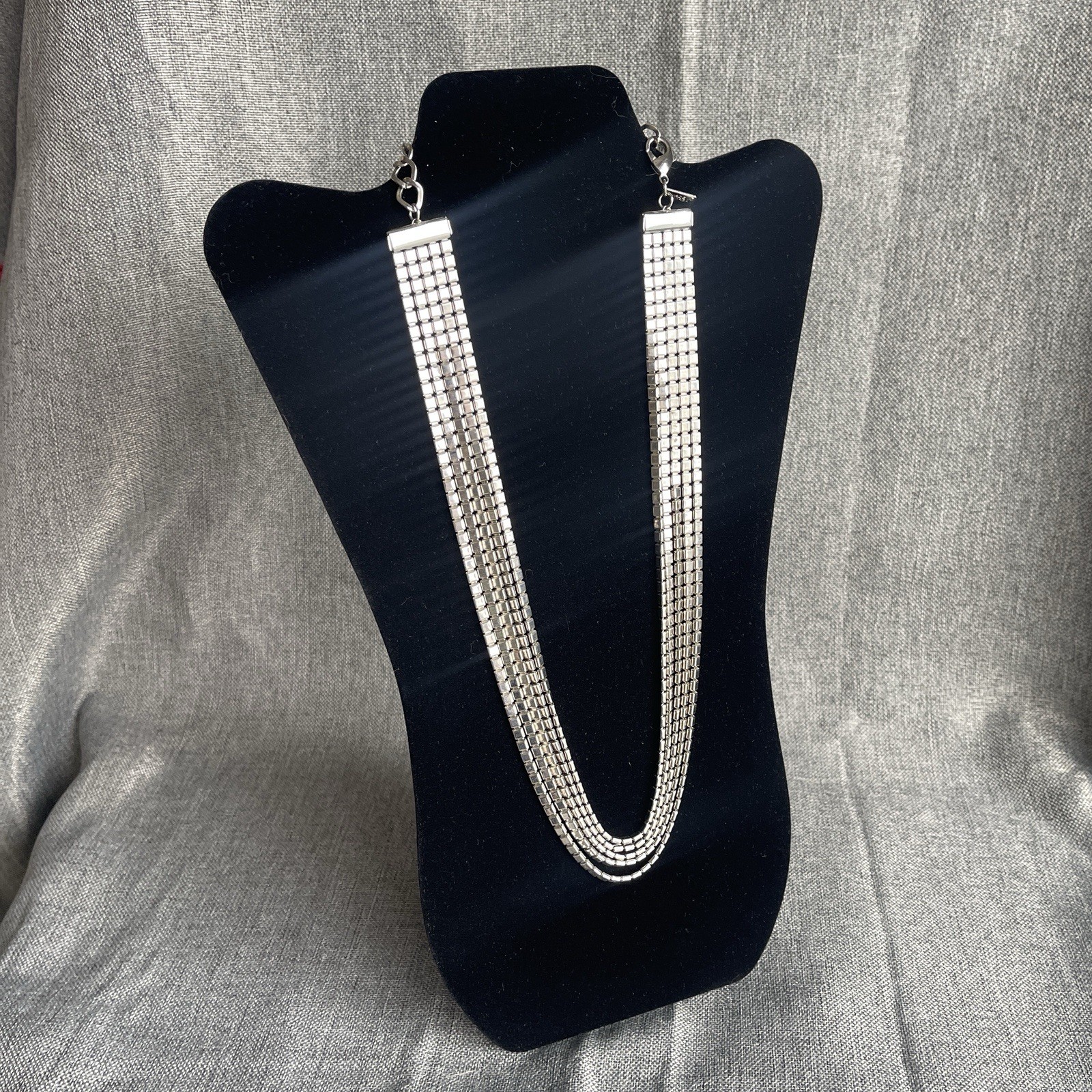Vintage Silver Tone Metal Drape 5 Strand Necklace MCM Claw Clasp 25” Adjustable