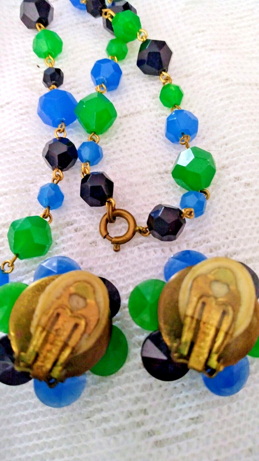 Vintage Blue Green & Black Beaded Pendant Necklace and Clip Earring Set,Germany