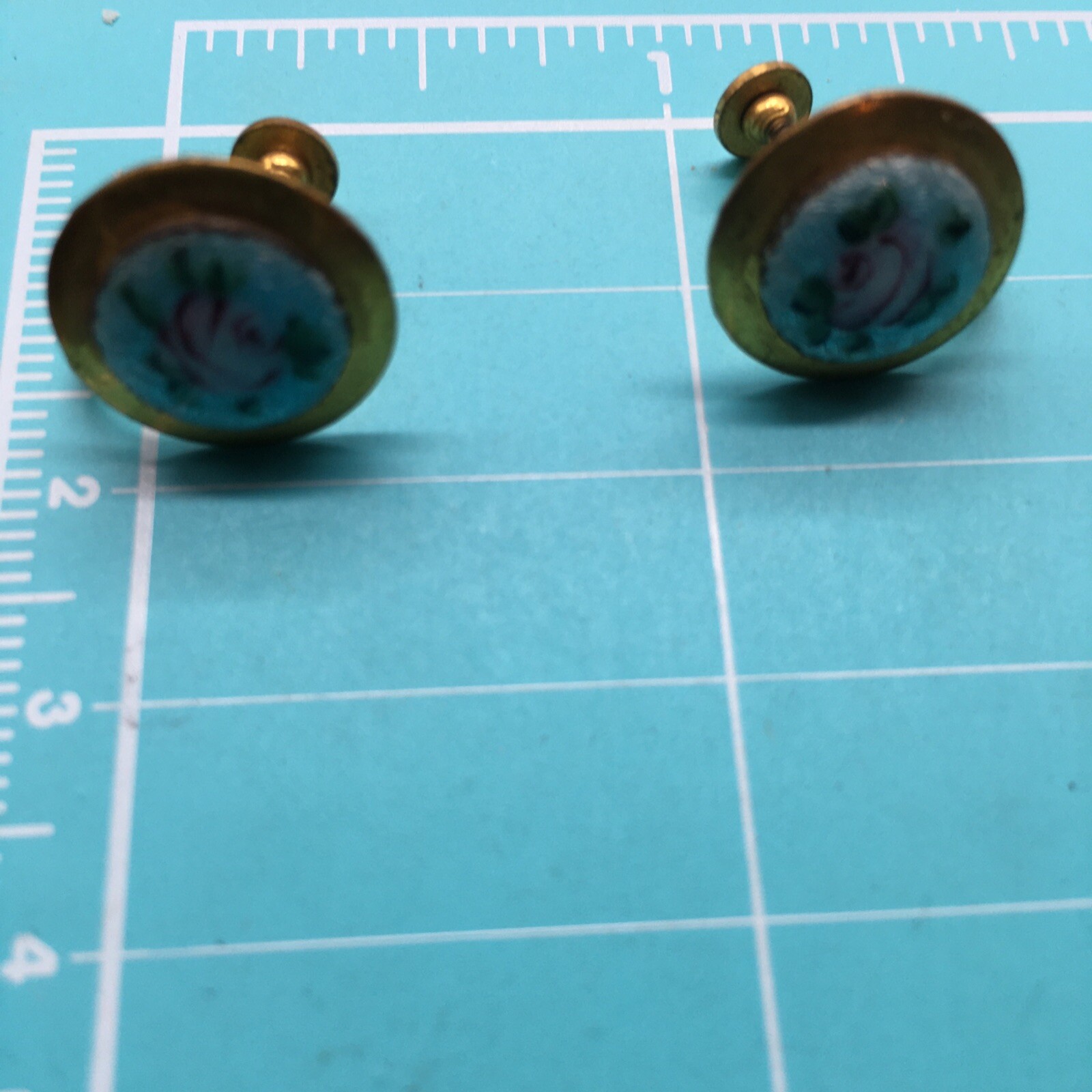 Guilloche Floral Earrings Gold Tone Teal Blue Pink Rose Painted Screw Back .5″