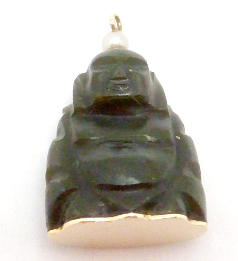 Vintage Carved Jade Pearl Buddha Pendant Gold Plated Base 27535