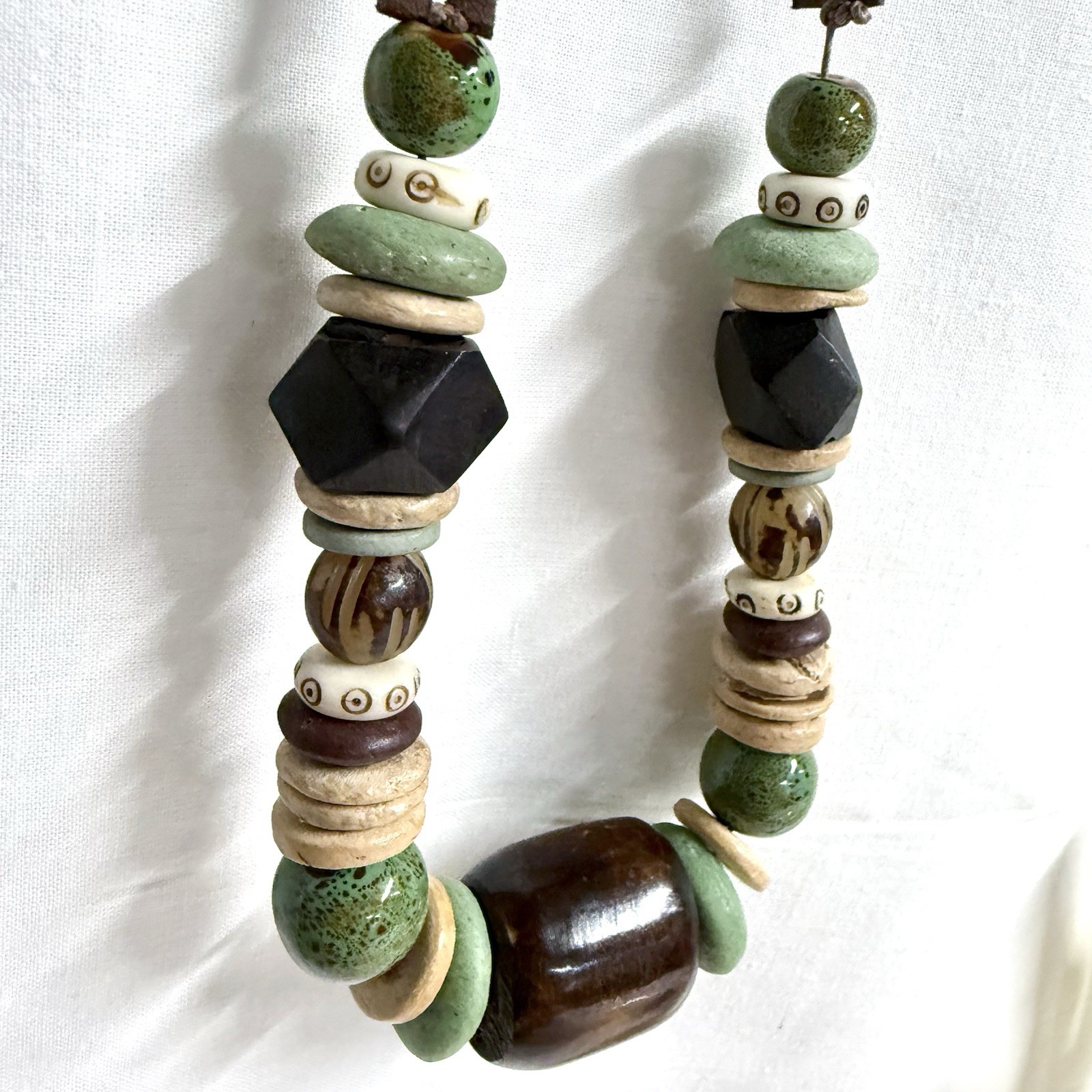 Vintage Boho Chunky Necklace Wood Ceramic Acrylic Beads on Suede Leather Cord