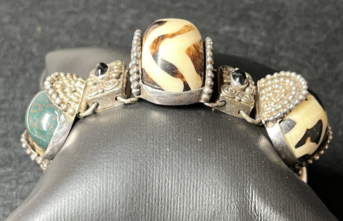 Vintage Sajen Sterling Silver Multi Dzi Mud Stone Bloodstone Bracelet 7″ 50g