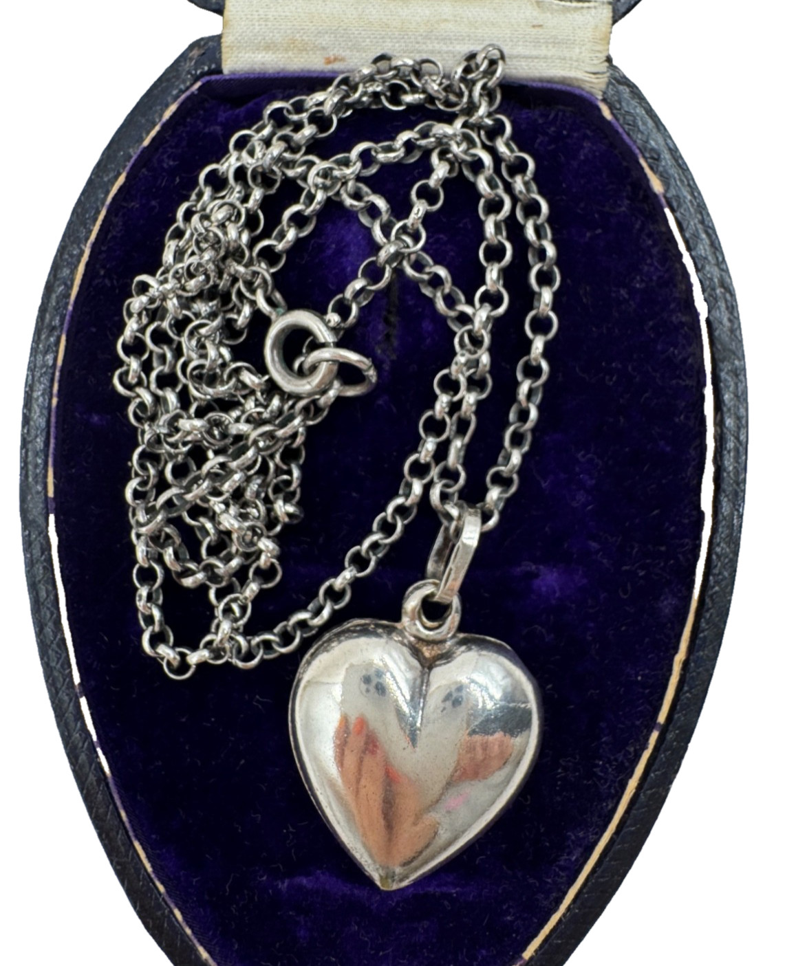 OLD VICTORIAN PUFFY HEART PENDANT ON ROUND LINKS CHAIN STERLING SILVER NECKLACE