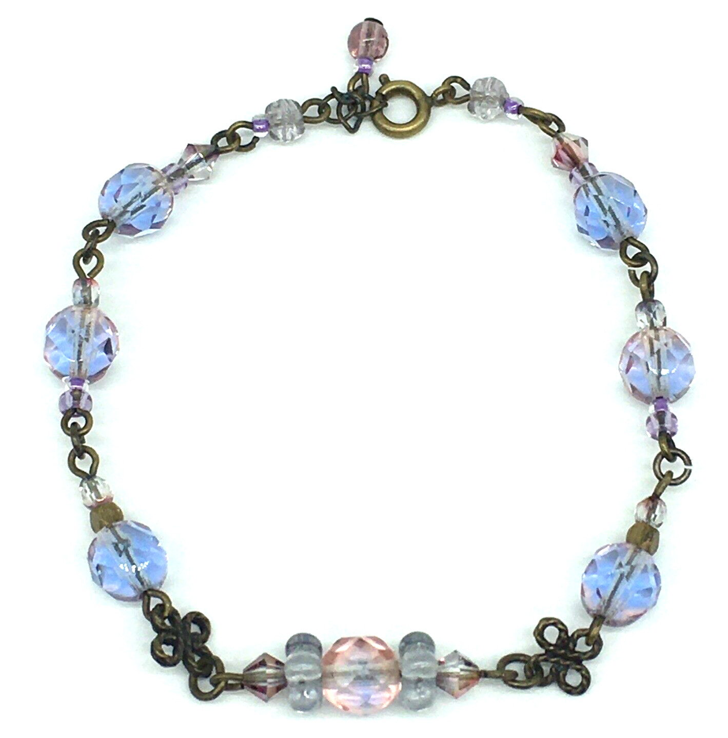 Blue Violete Pink Bead Bracelet Handmade Dark gold tone hardware dainty