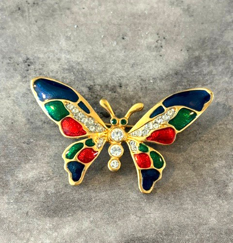 Vintage Blue Red Green Enamel Butterfly Brooch Gold Tone Crystal Rhinestone Pin