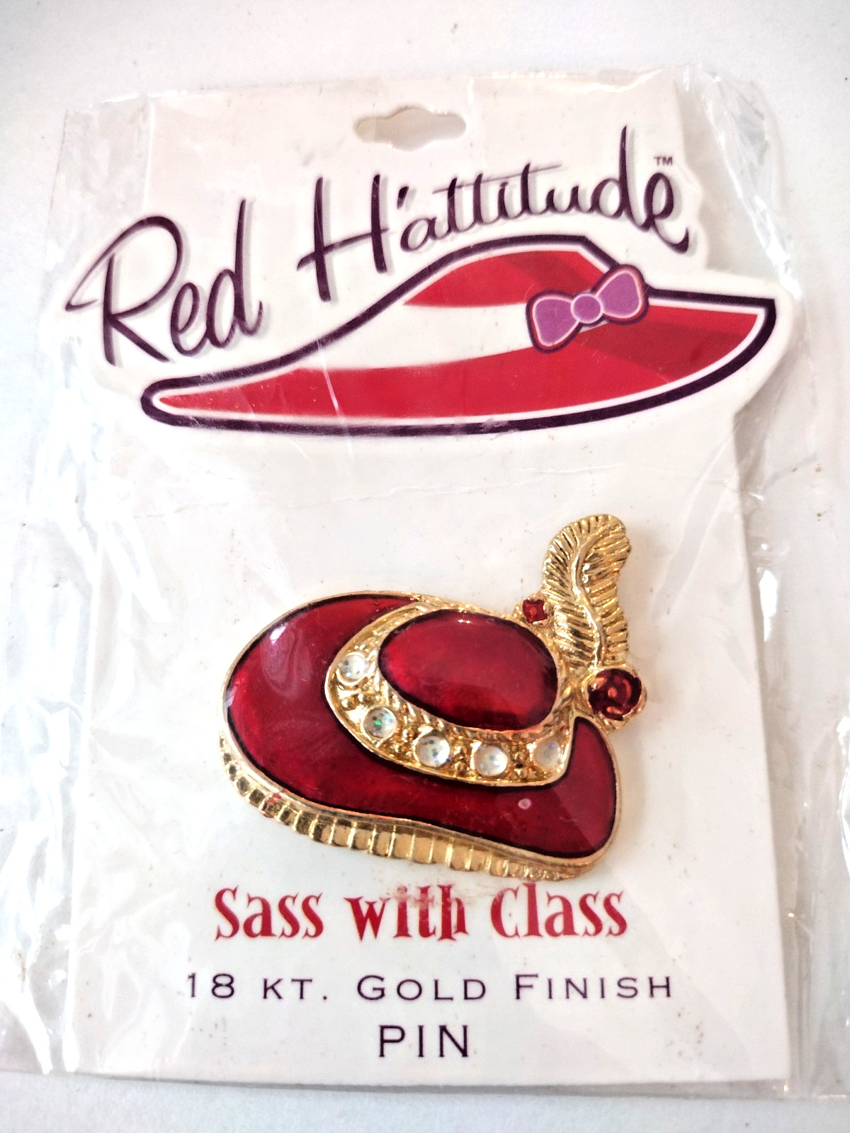 1980s Red Hat Society H’ATTITUDE Red Enamel 18kt Gold Finish Rhinestone Brooch