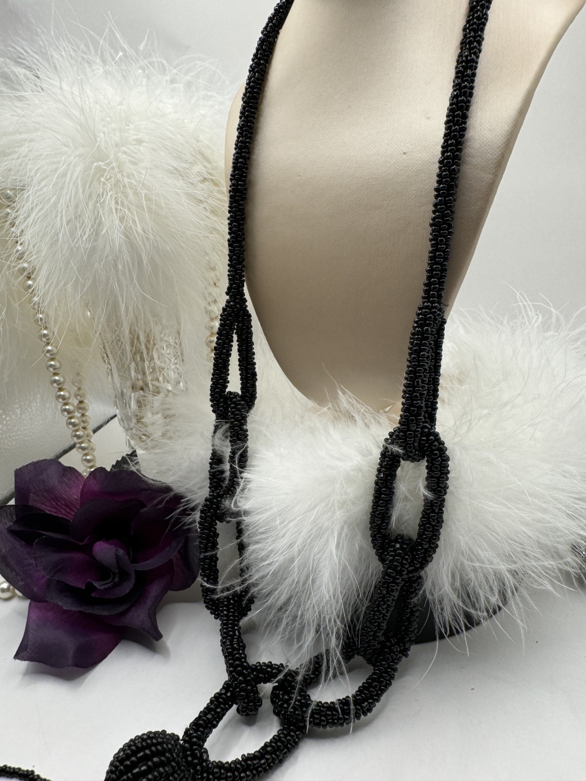 Designer Black Micro-Beaded Statement Necklace Multi-Looped Rare High End