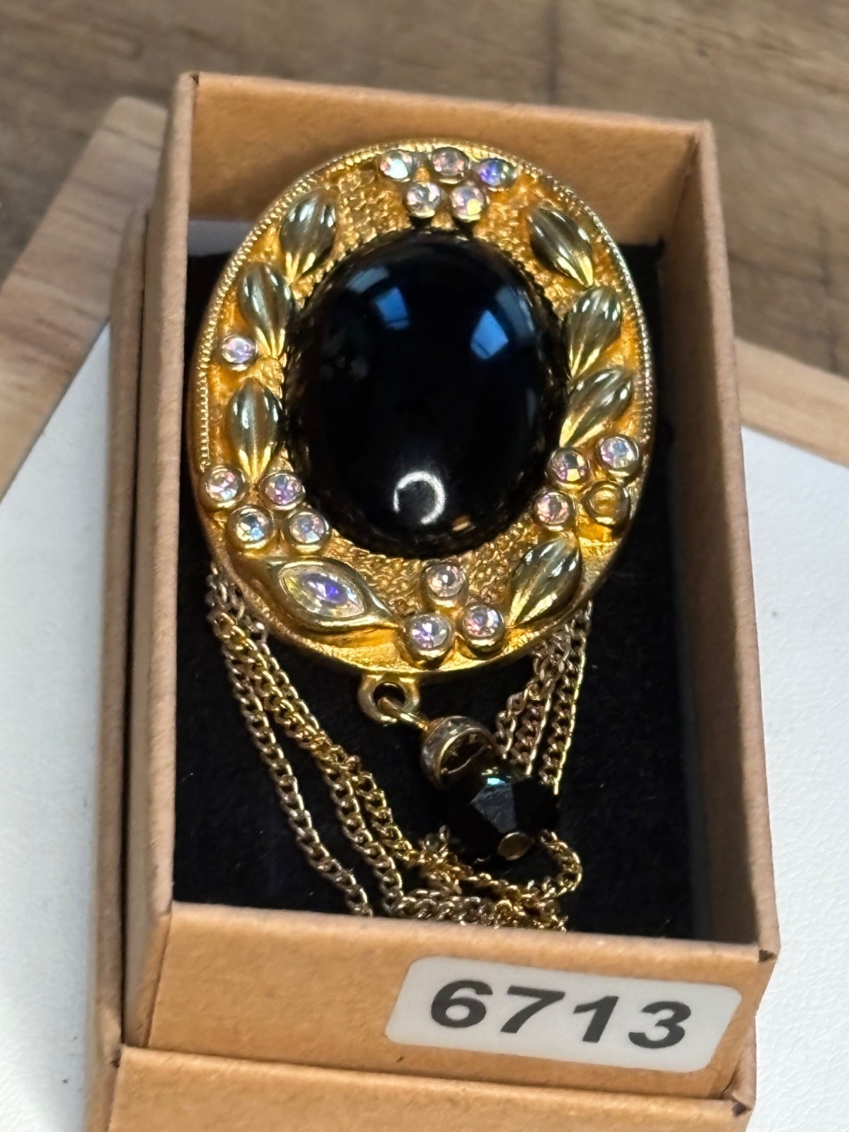KJL signed Gold Tone Brooch With Black Stone & Crystal Accents