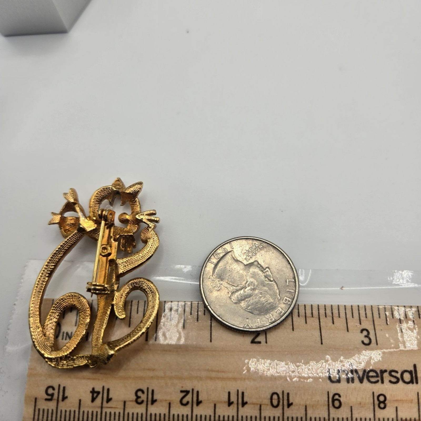 Vtg Cat Brooch Pin Gold Tone Textured Kitty with Bow Animal Lover Gift Cute