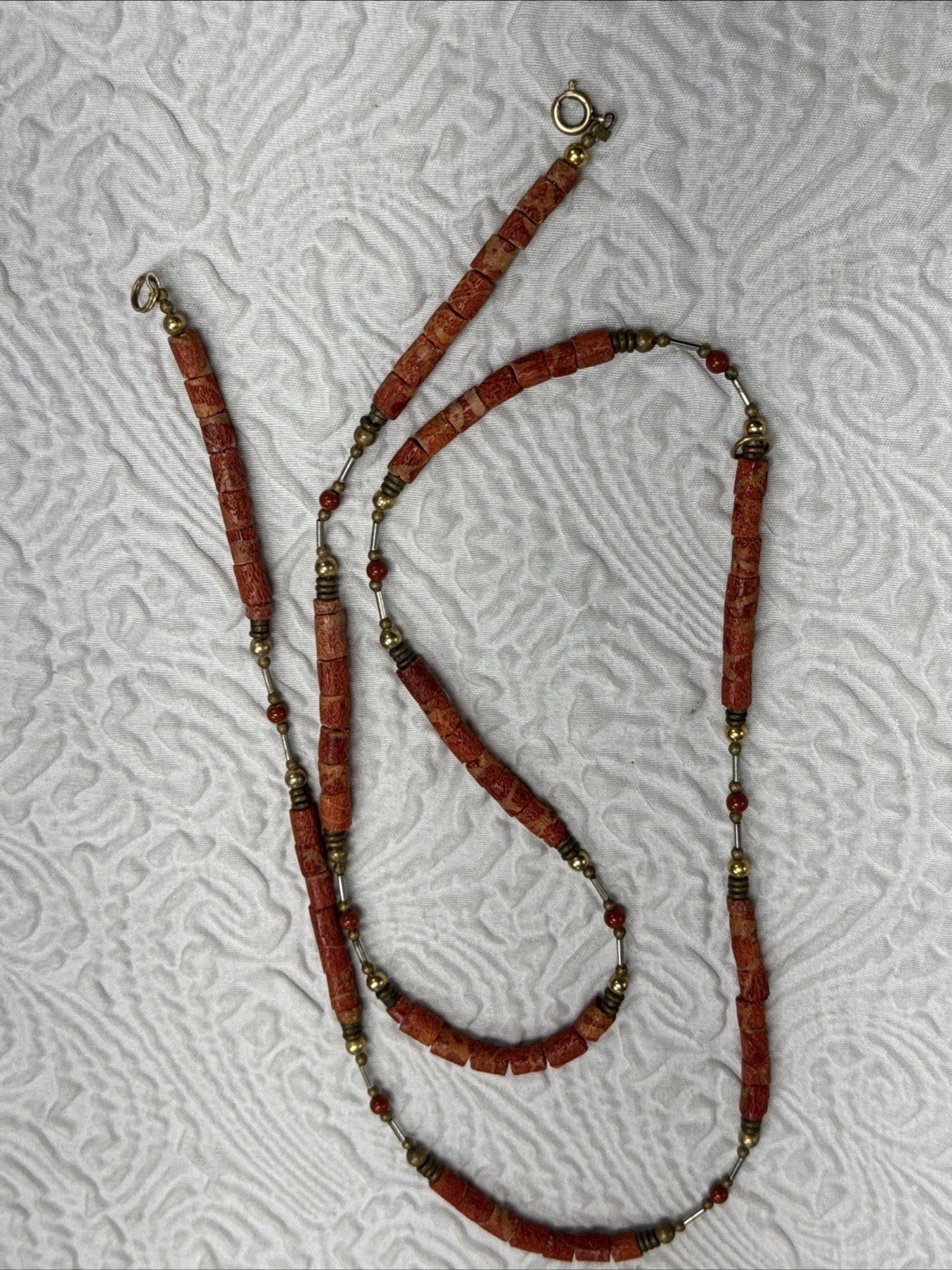 Vintage Natural Red Coral Red / Orange Hue Barrel Shape Gold Spacers 30”Necklace