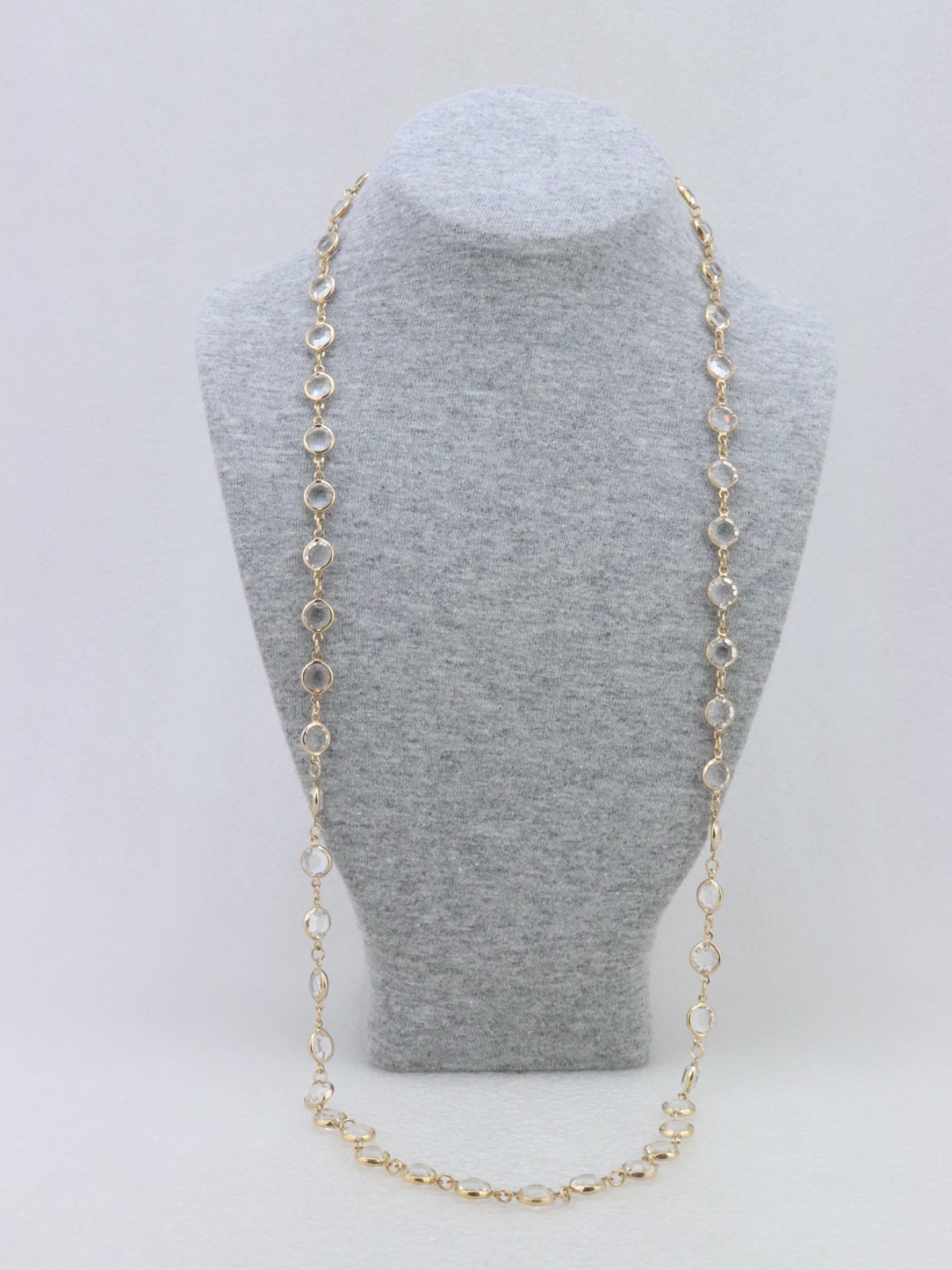 34″ Long 9mm Clear Crystal Bezel Rhinestone Necklace Signed AUSTRIAN USA Gold Tn