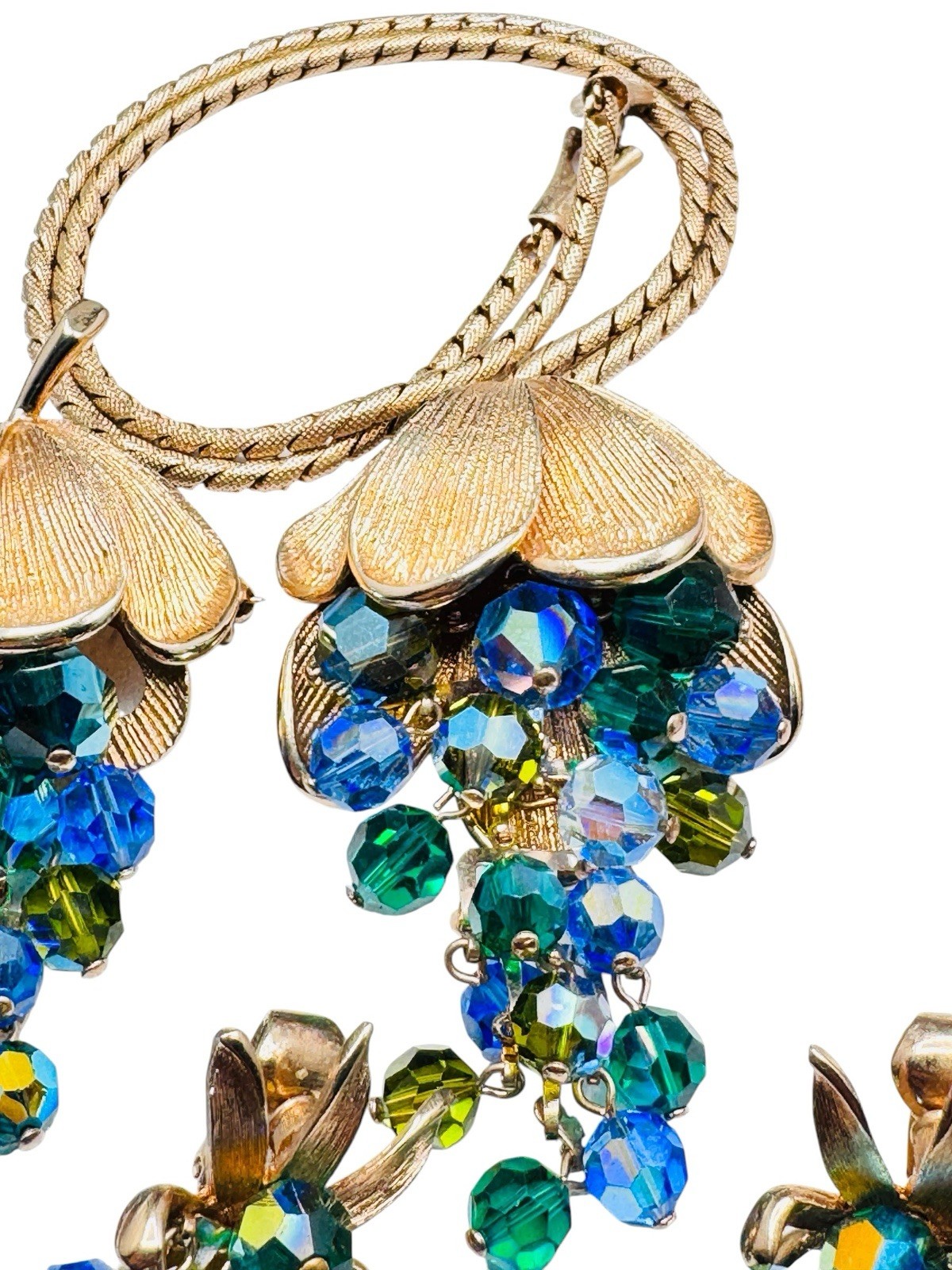 Vintage Schrager Blue Green AB Glass Dangle Bead Necklace Brooch Earrings Set