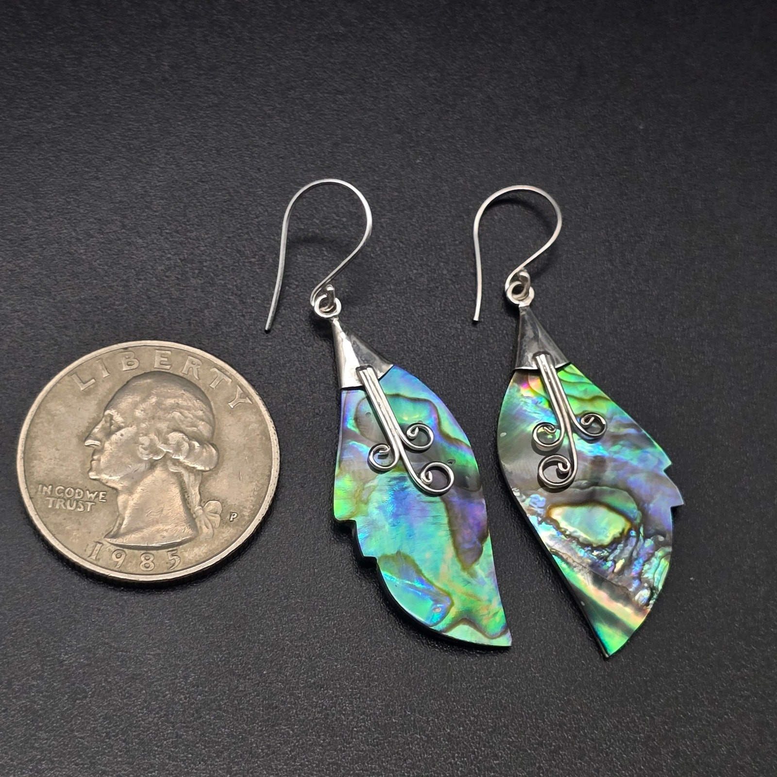 Sterling Silver Paua Abalone Shell Feather Earrings 925 Pierced