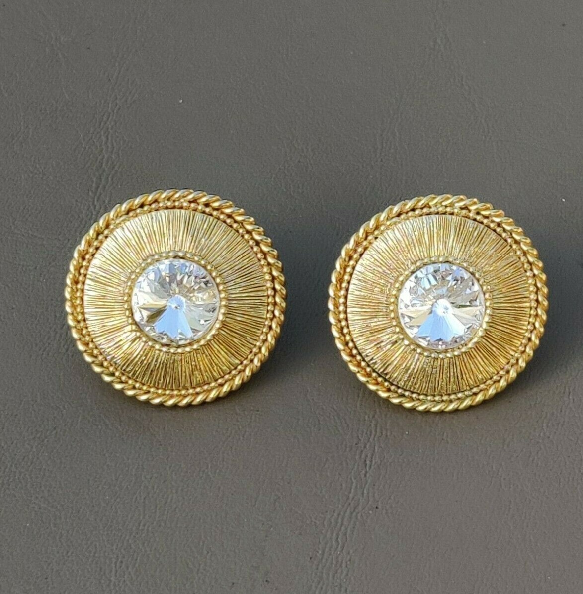 ORENA Paris France Couture Designer Brand Gold Tn Faceted Crystal Clip Earrings