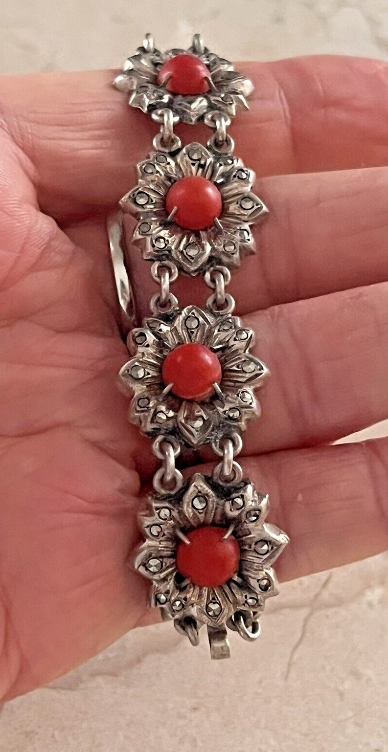 Antique Victorian 900 Silver Marcasite & Coral Link Flower Bracelet