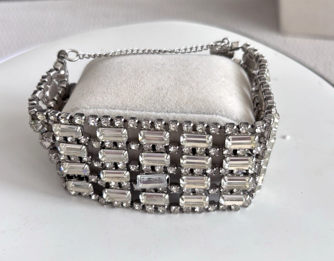 Vintage Emerald Cut And Round Rhinestones Wide Rhinestone Cuff Bracelet