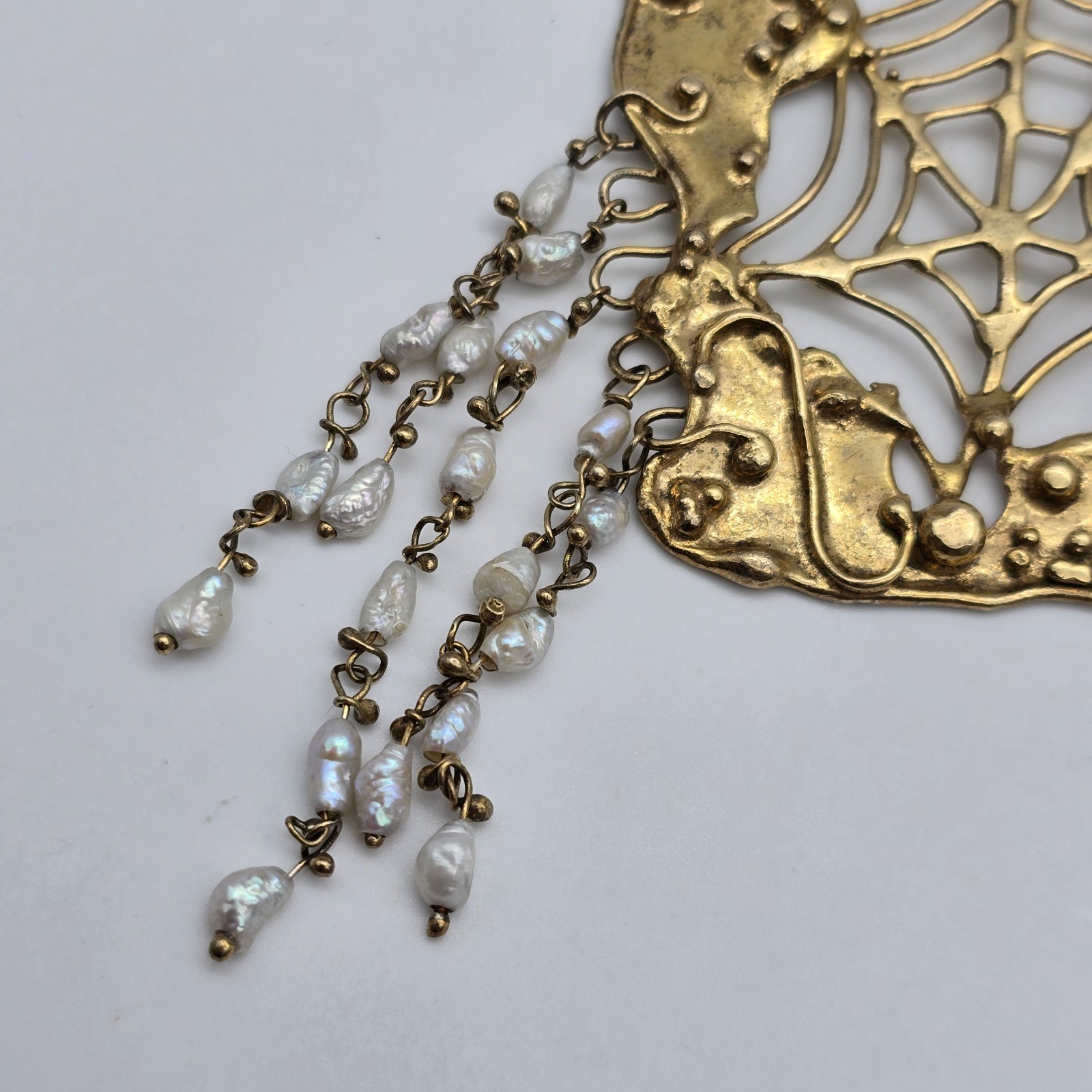 VTG Abstract Brutalist Spider Web Gold over Sterling Pearl Pendant Earrings Set