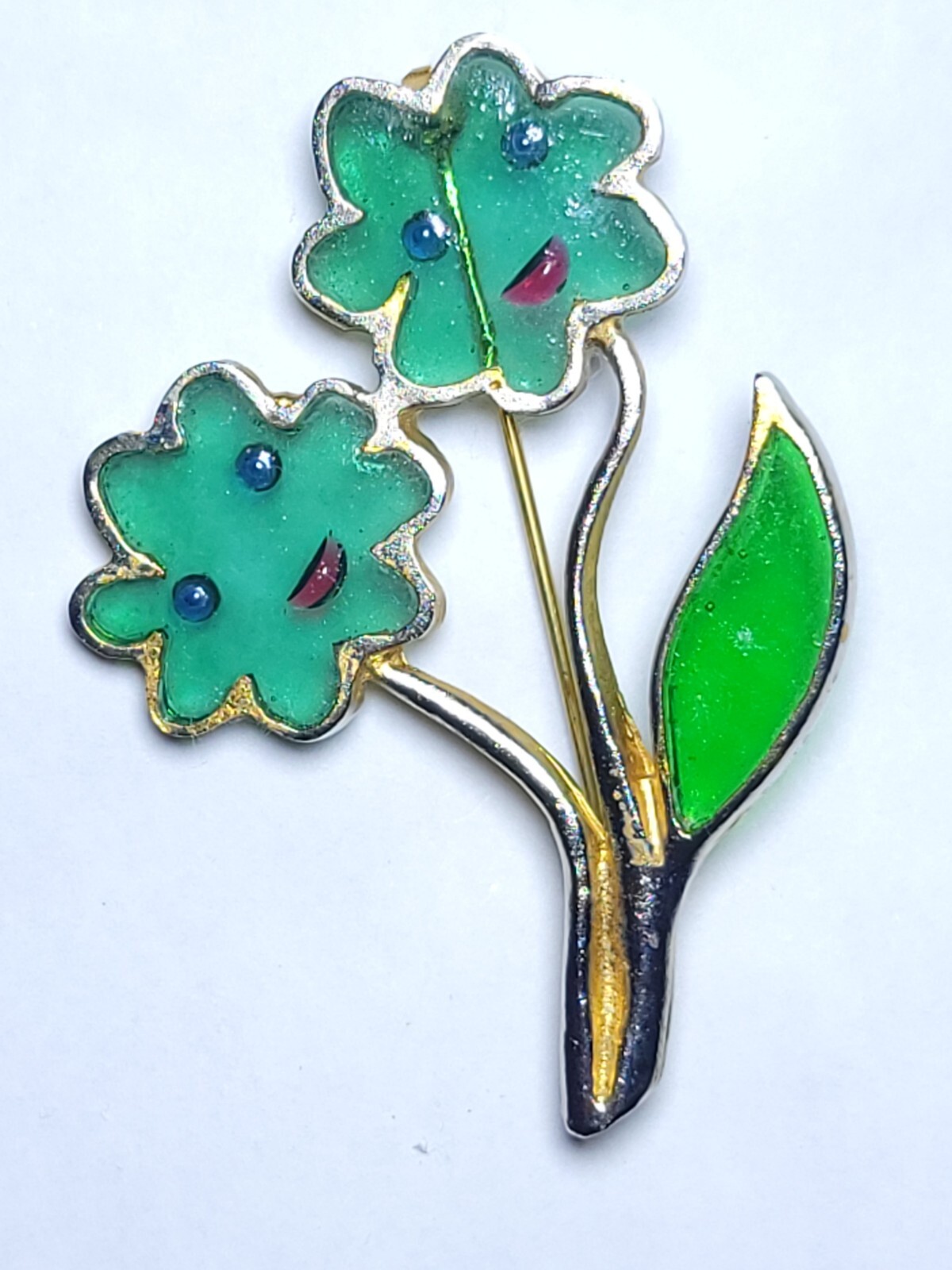 Enamel Flower Face Brooch by Joy Vintage Plique A Jour Green Stained Glass Resin