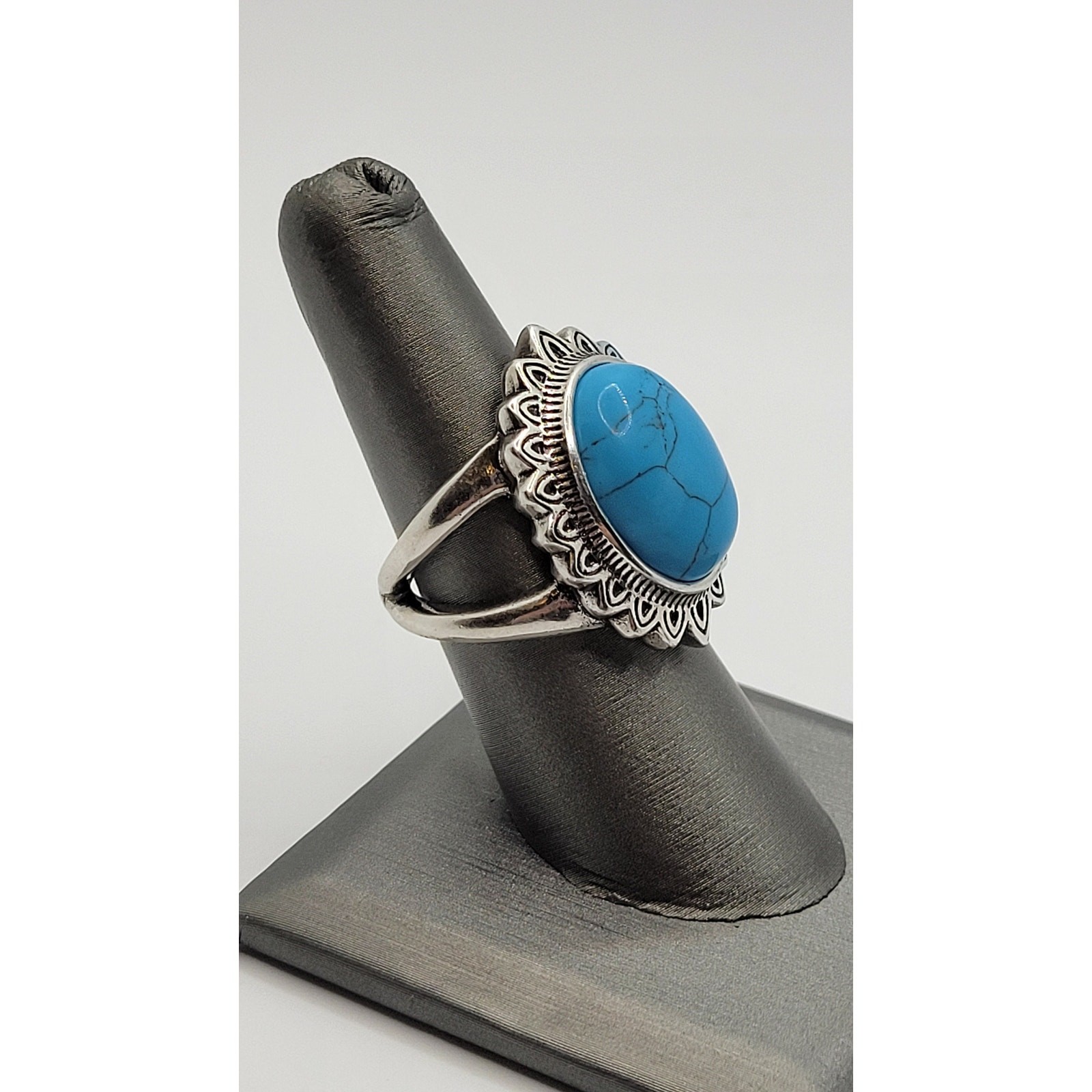 Blue Stone Faux Turquoise Cabochon Statement Ring Dyed Howlite Silver Plated