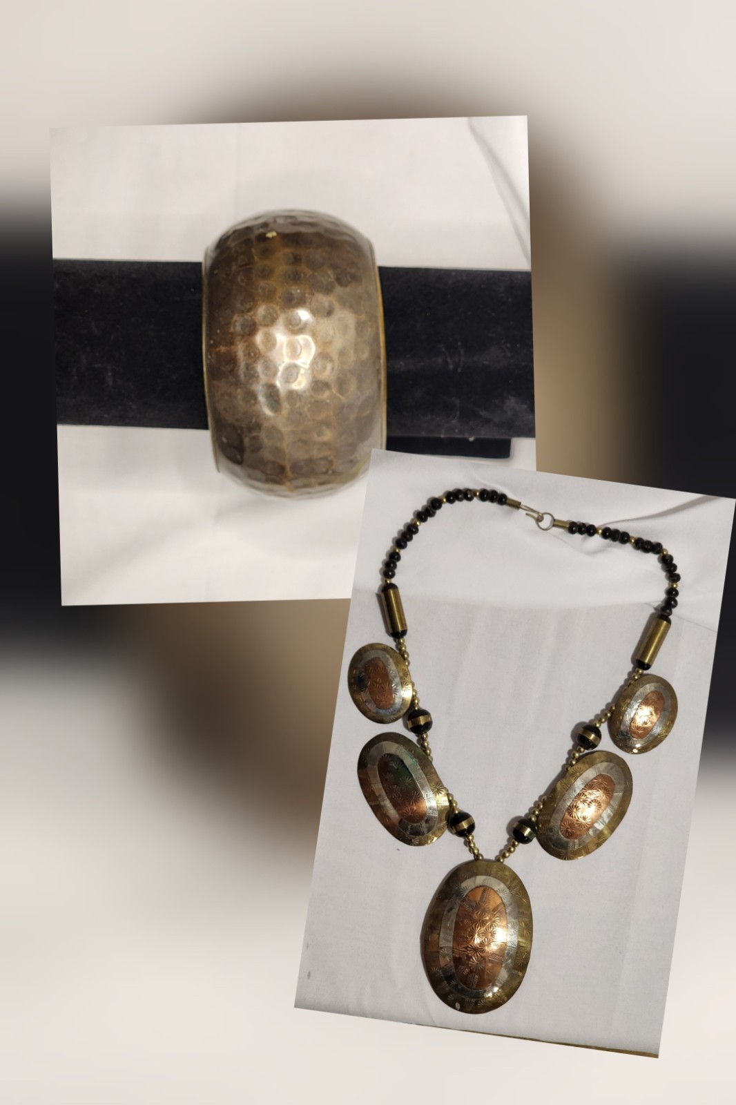 Vintage Mixed Metals Bib Statement Necklace W/matching hammered bangle