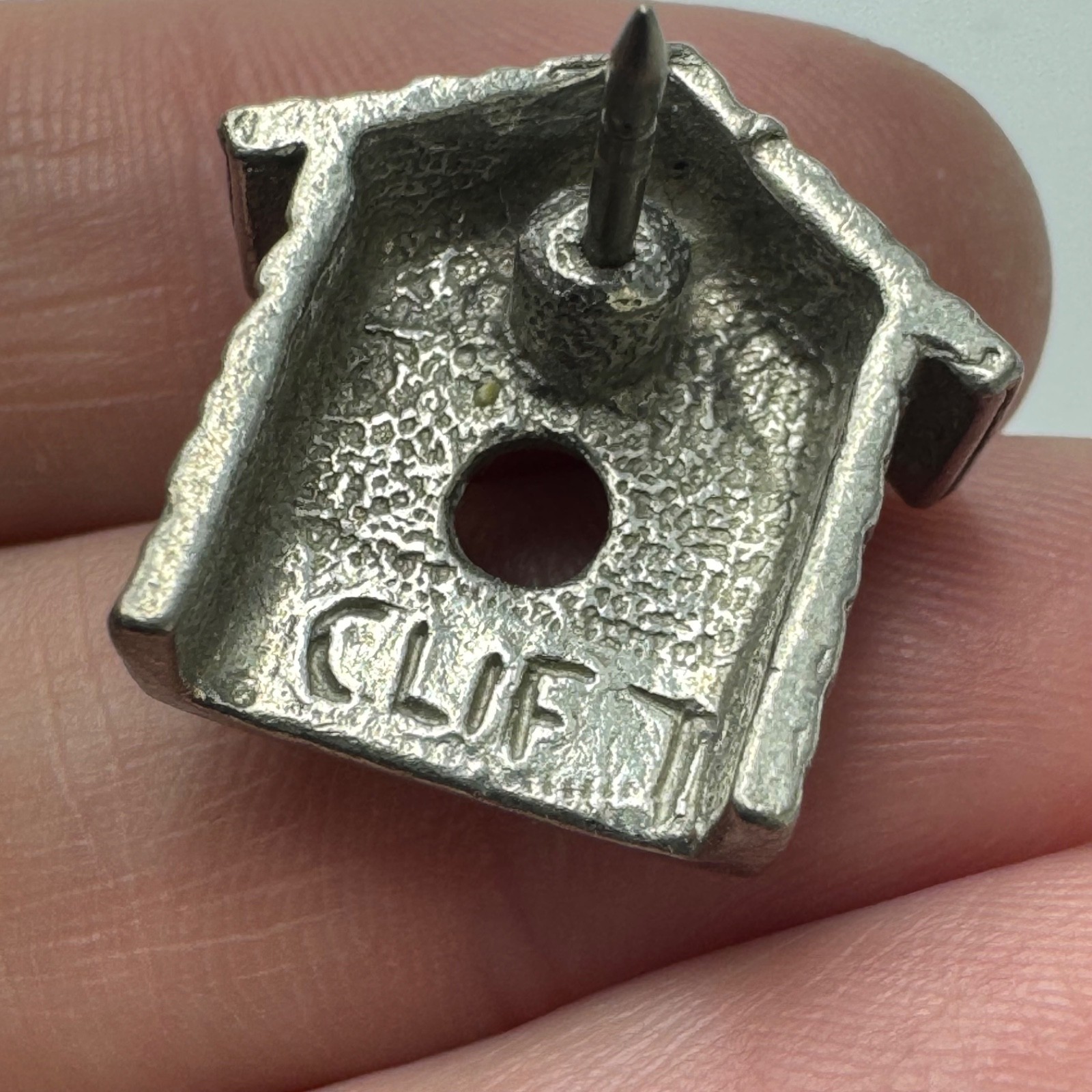 Vintage Clift Pewter Birdhouse Cottage Brick Texture Rustic Garden Lapel Pin