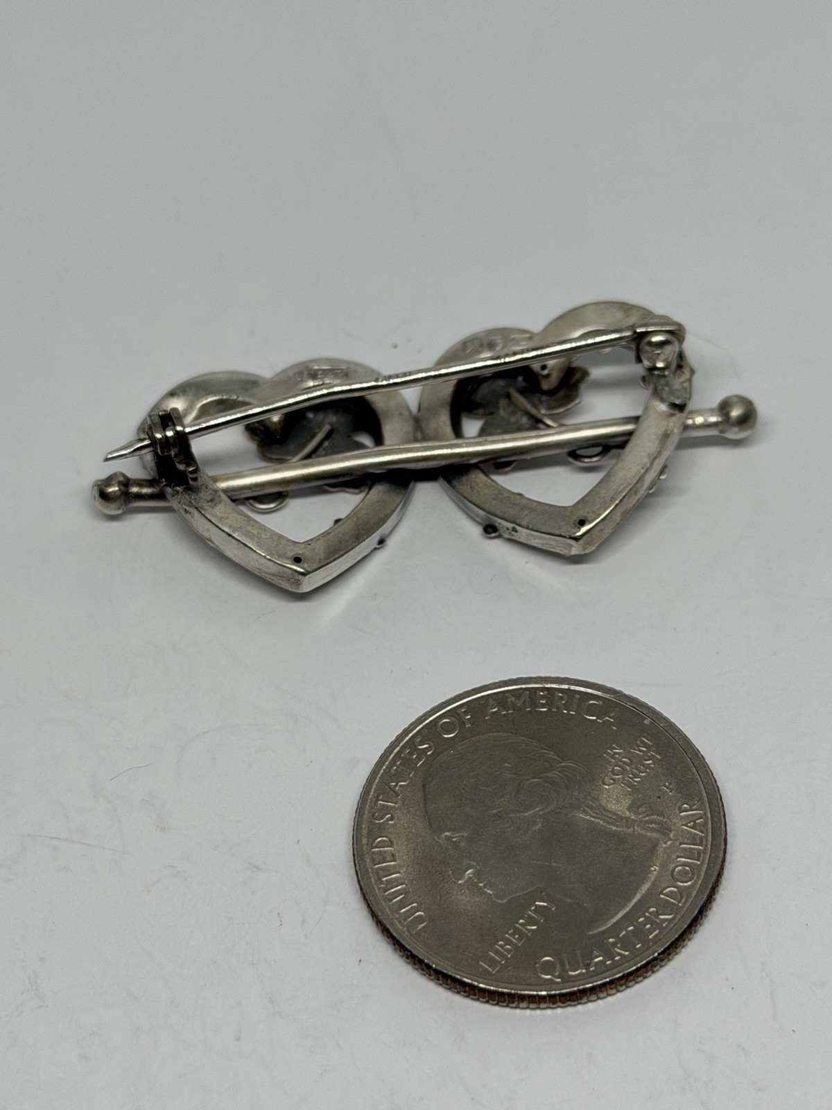Victorian Sweetheart Entwined Hearts & Clover Sterling Hallmarked Brooch 1891