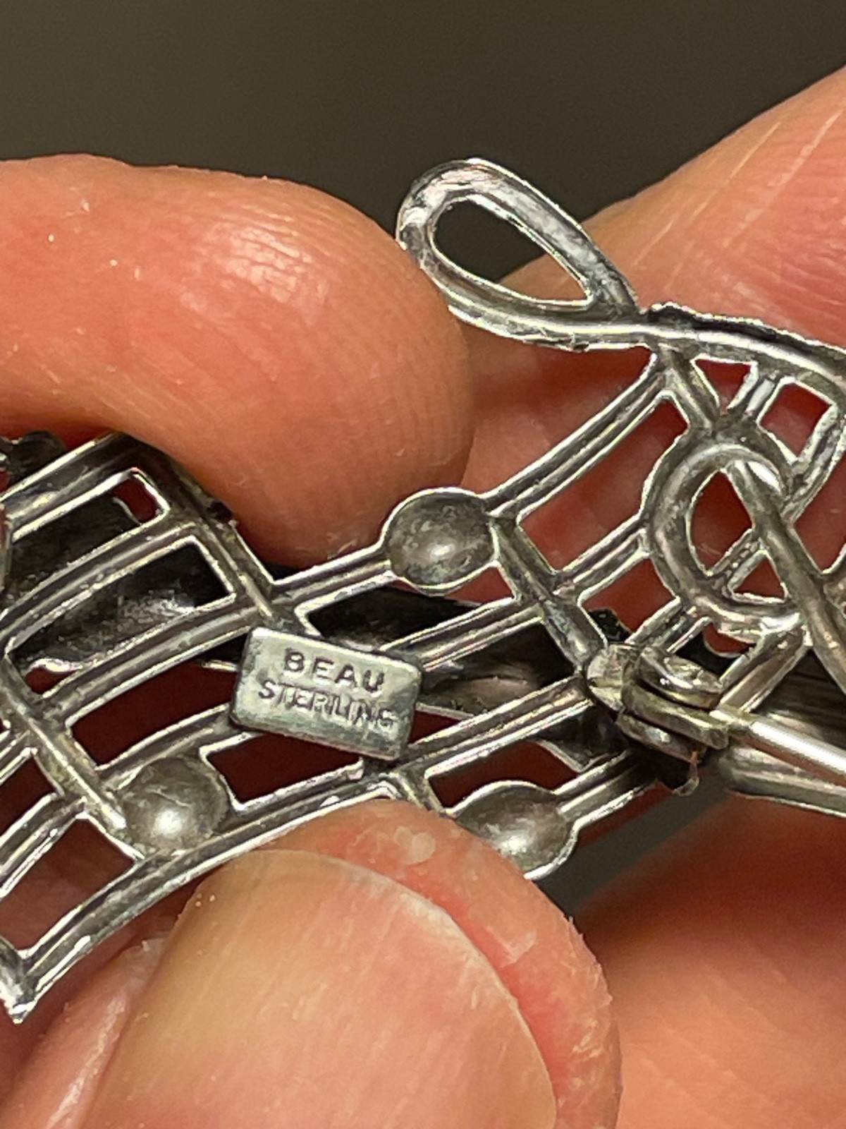 Vintage 1950’s Beau Sterling Lamp Post Intertwined w/Musical Notes Brooch
