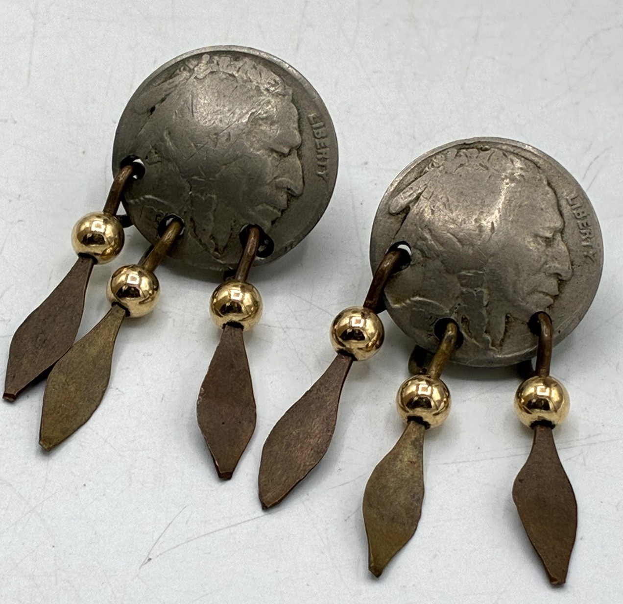 Vintage Buffalo Nickel Coin Earrings Post Dangle Feather Gold Tone Bead Handmade