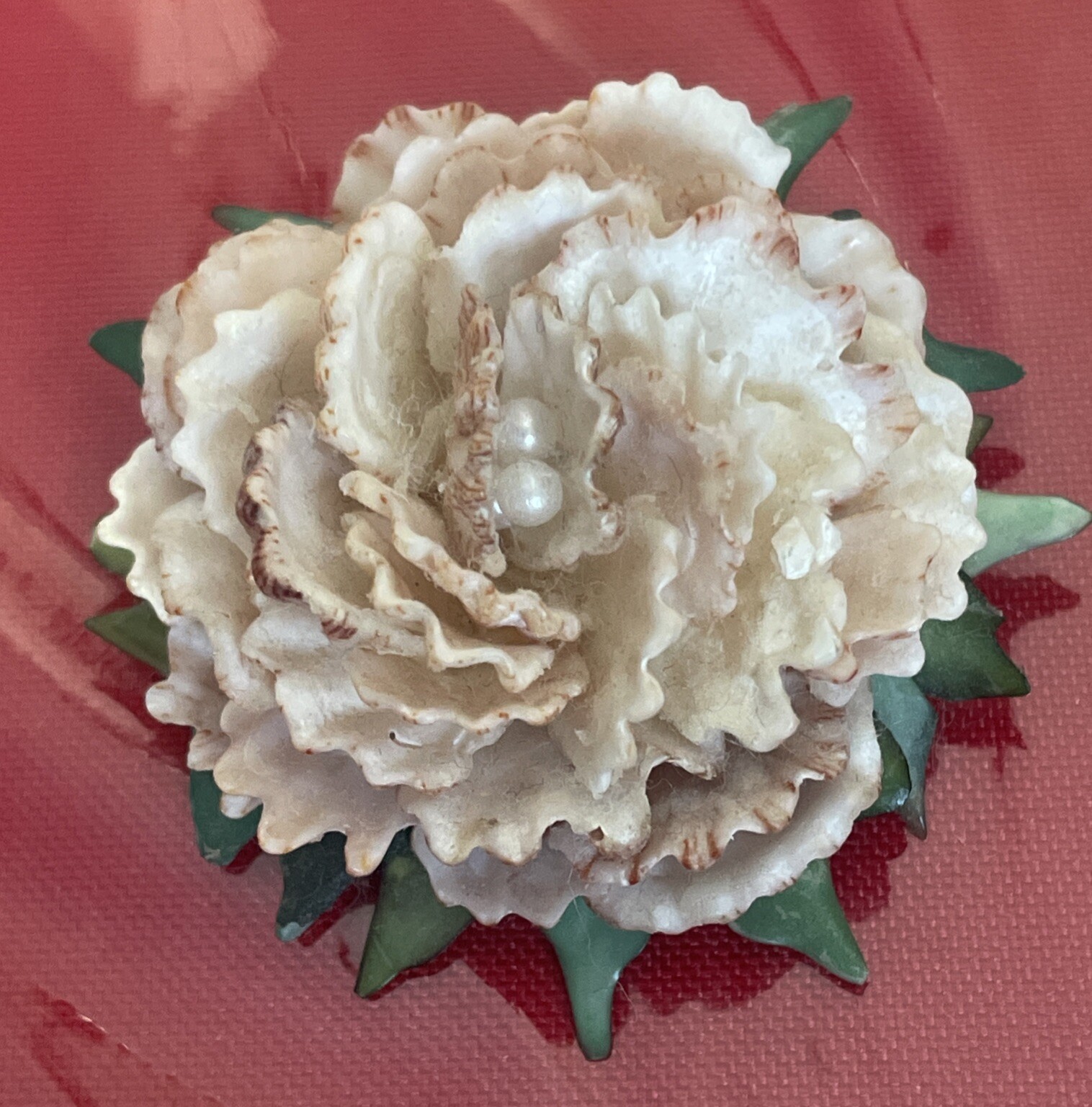 Vintage Peach And Green Celluloid Flower Brooch V27