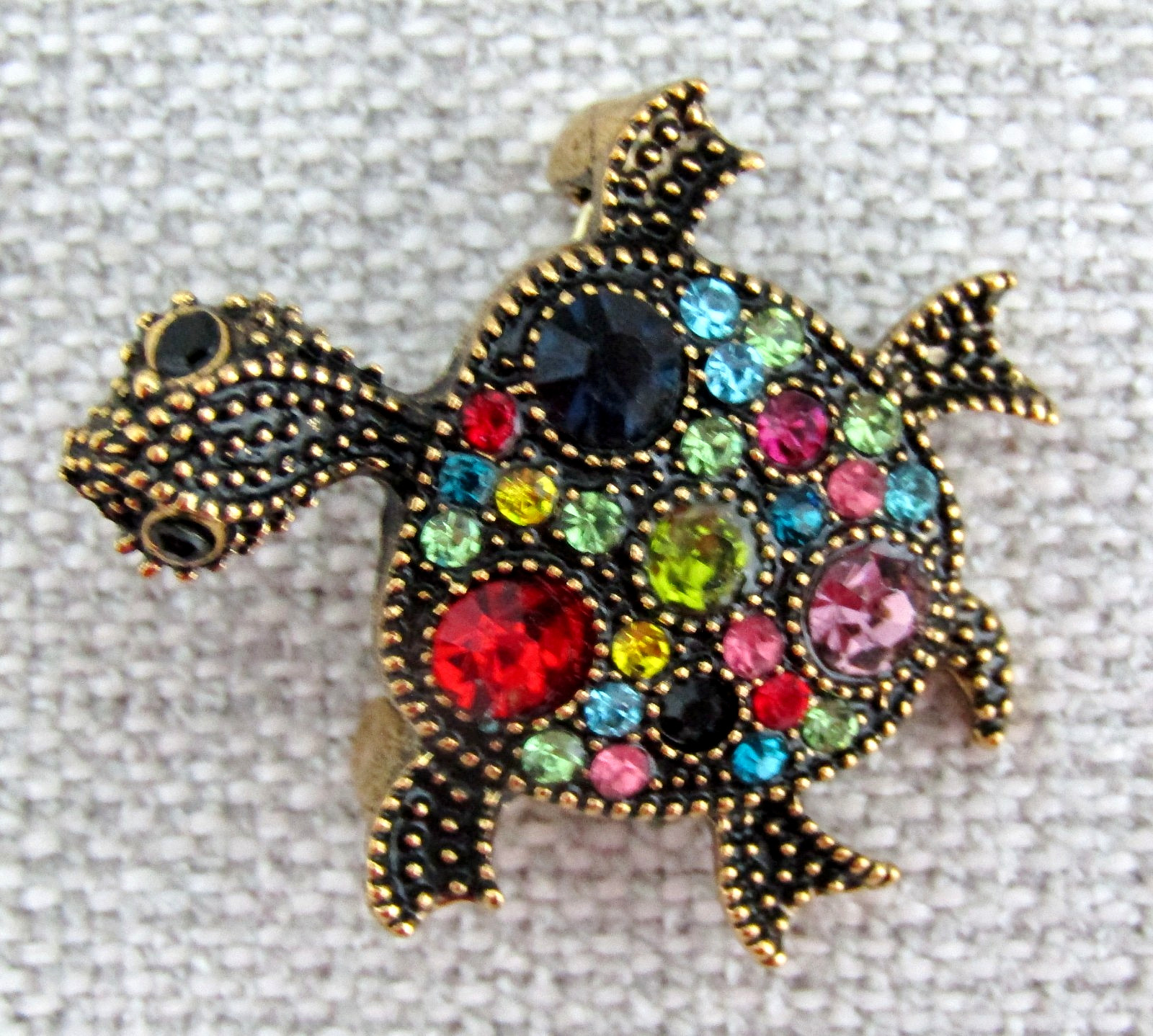 (2) Turtle Brooch Pin Multi-Colored Gemstones Antique Gold Tone Metal