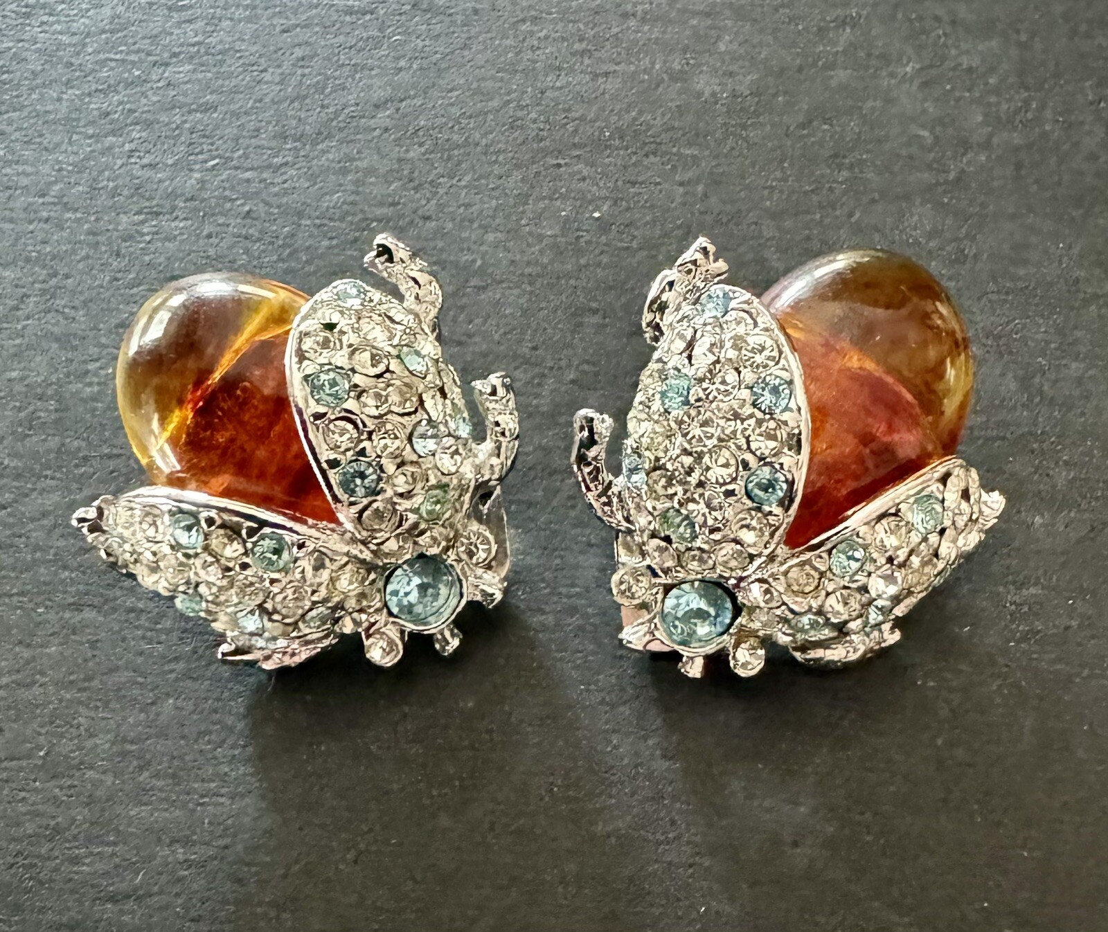 VTG CARLO ZINI Italian Designer Amber CZ Rhinestone Bee Lady Bug Earrings
