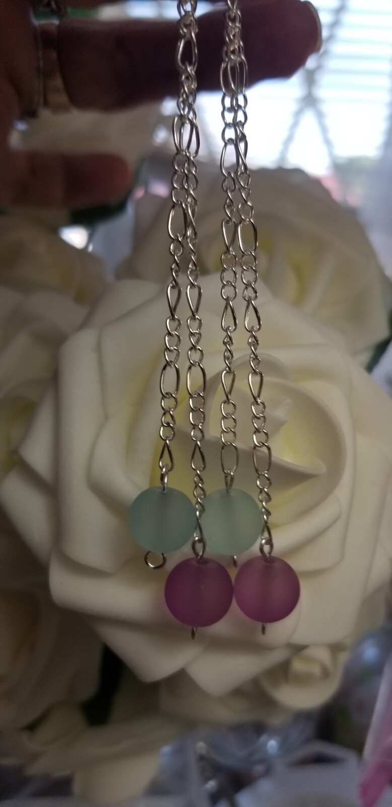 10mm Lt. Blue and Purple Seaglass 3+ in. leverback Double Dangle Drop Earrings
