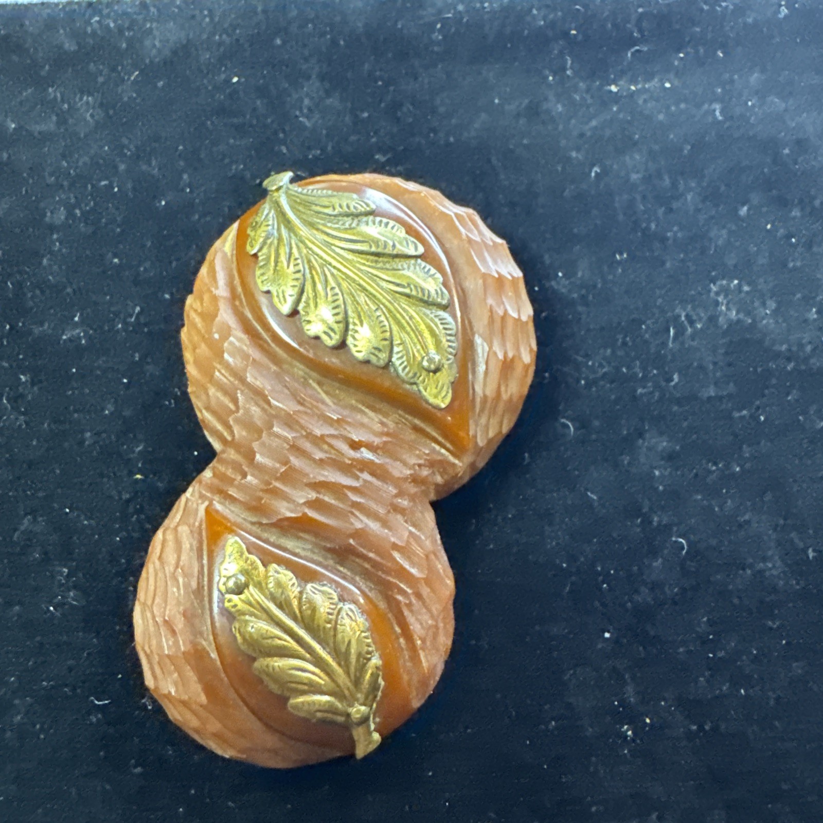 Vintage Art Deco Carved Bakelite Brown w/ Brass Leaf Dress Clip