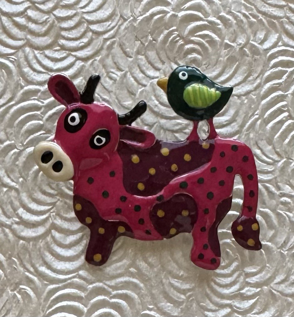 Enamel Cow / bird Brooch Pin / Enamel On Silver Tone Metal