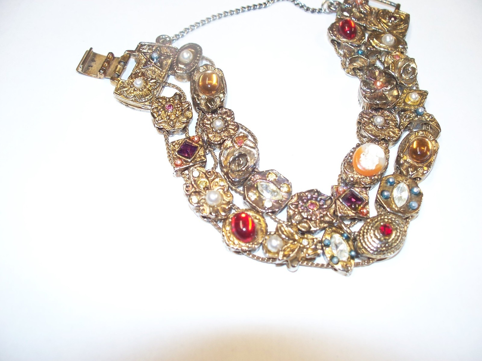 Vintage Faux Jewel Slide Double Row Charm Bracelet Cameo Amethyst Rhinestones