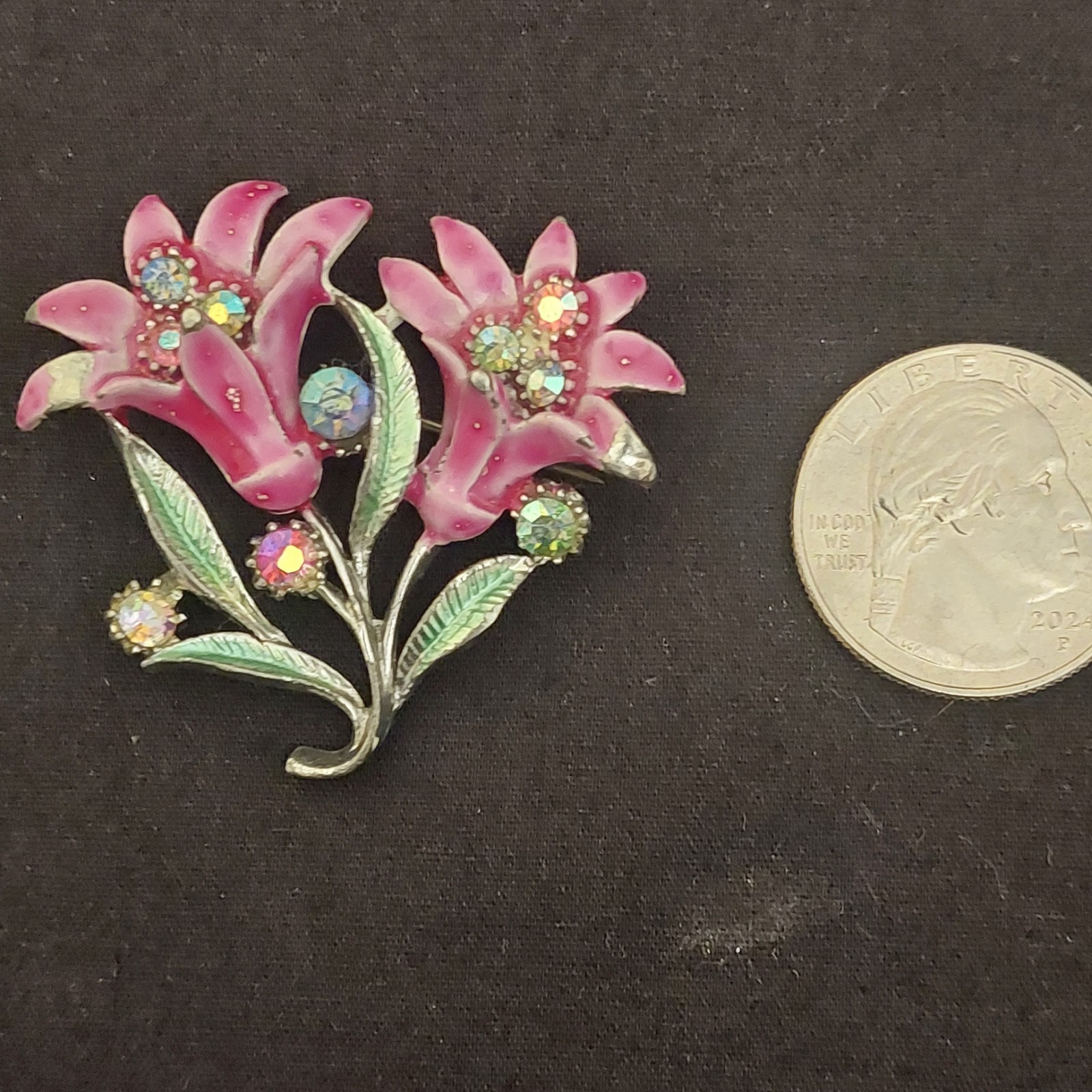 Vintage British Pink Green Guilloche Enamel Lily Rhinestones Flower Brooch