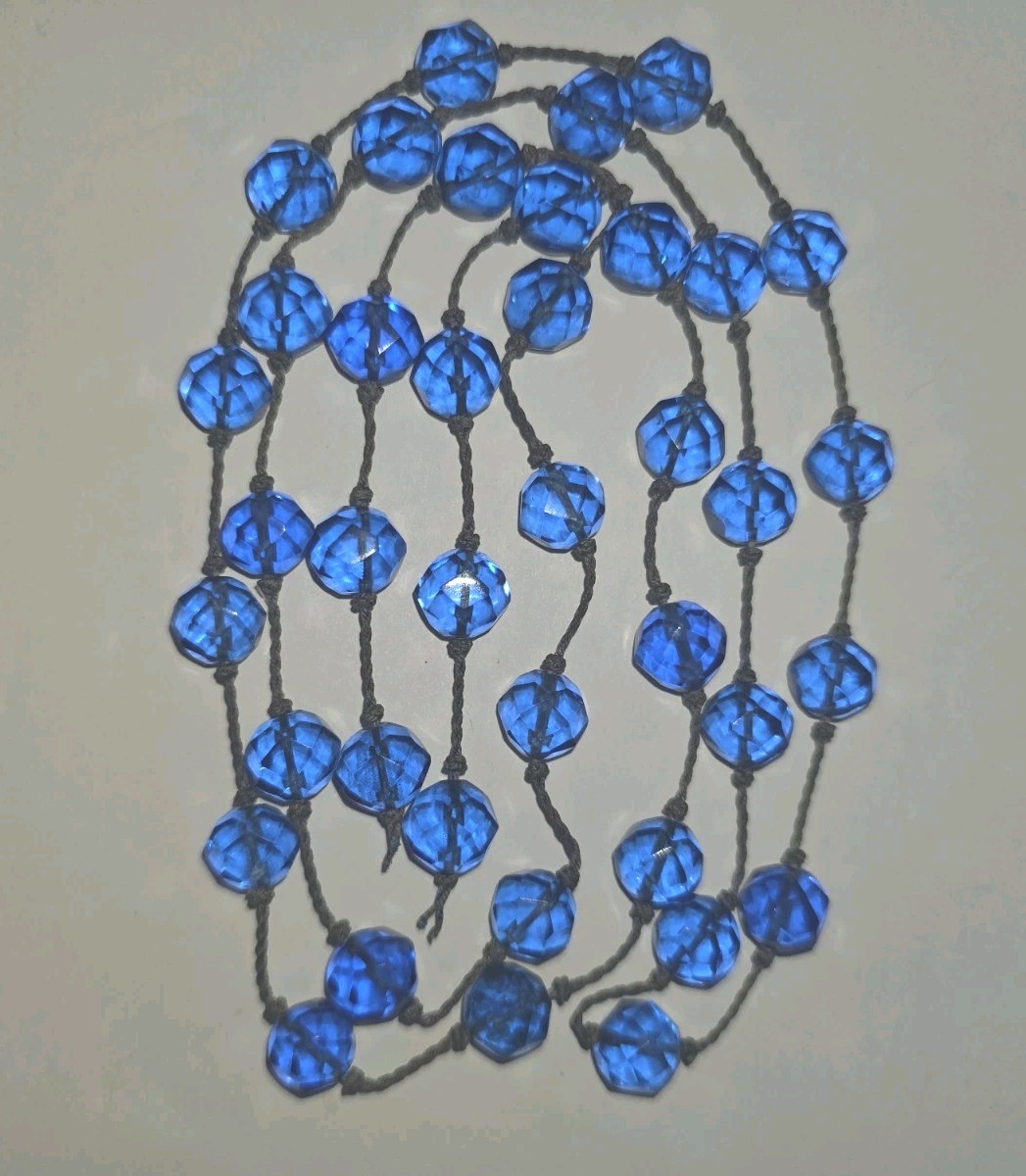 Vtg Blue Crystal Faceted Fire Polished Glass Hand Knotted Beads Czech 44 Inches