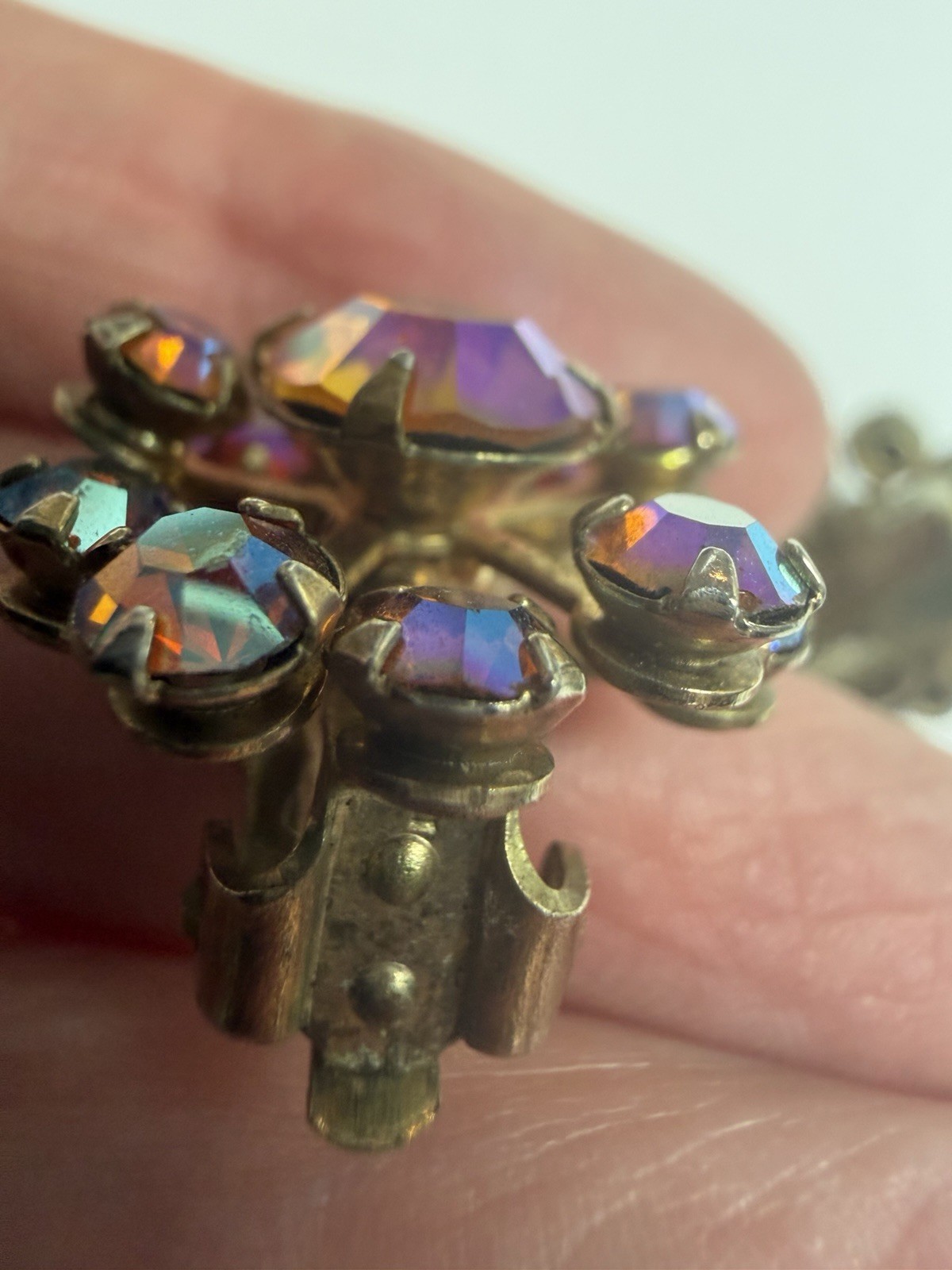 Vintage Aurora Borealis Clip On Earrings Floral Cluster Light Rainbow Colors