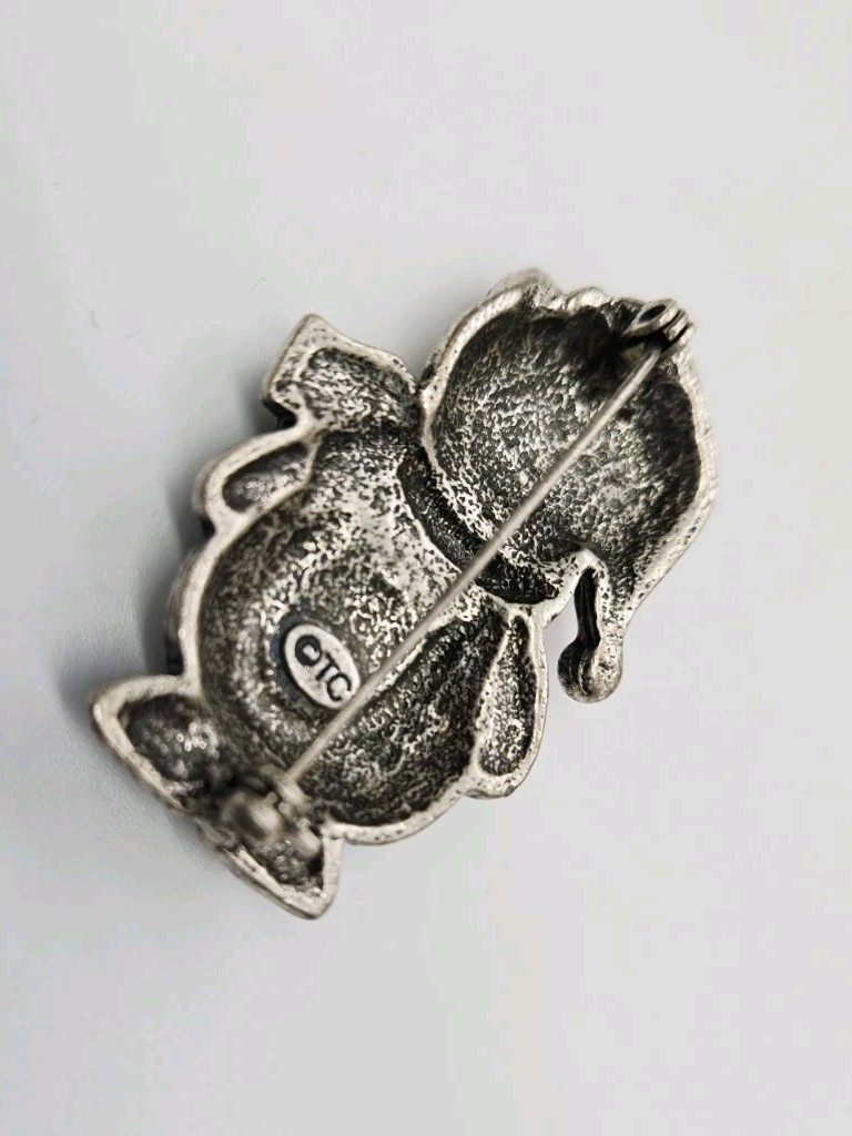 Christmas Cat Brooch Signed TC Vintage Pewter Finish Enamel Crystal Kitty Pin