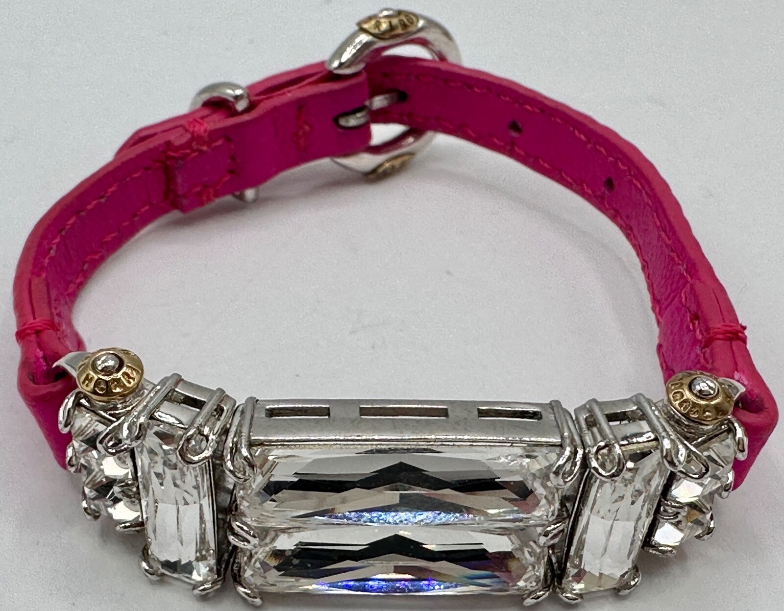 GOLD SILVER PLATED CRYSTAL FUCHSIA PINK SKIN HENRI BENDEL SIGNED BUCKLE BRACELET