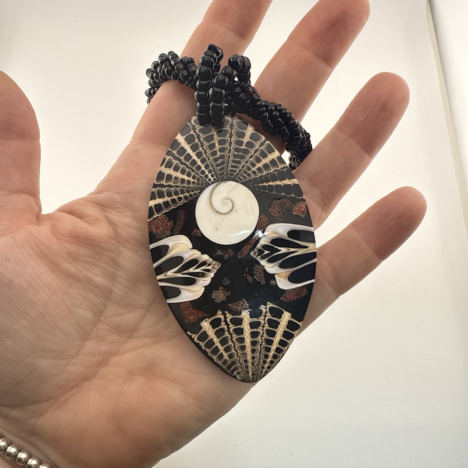 Sajen Necklace Onyx Inlay Beaded Shell Artisan Pendant Oval Black Artsy Tribal