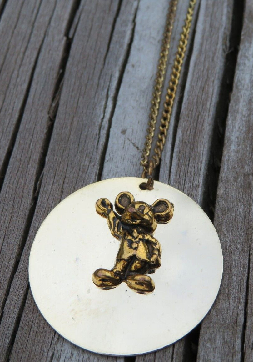 Vintage Walt Disney Micky Mouse Mirror Disc Pendant Charm Necklace Chain